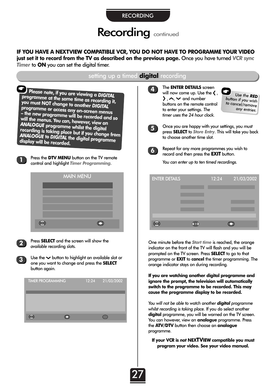 Setting up a timed digital recording, Recording, Main menu | Toshiba 32ZT29B User Manual | Page 27 / 44