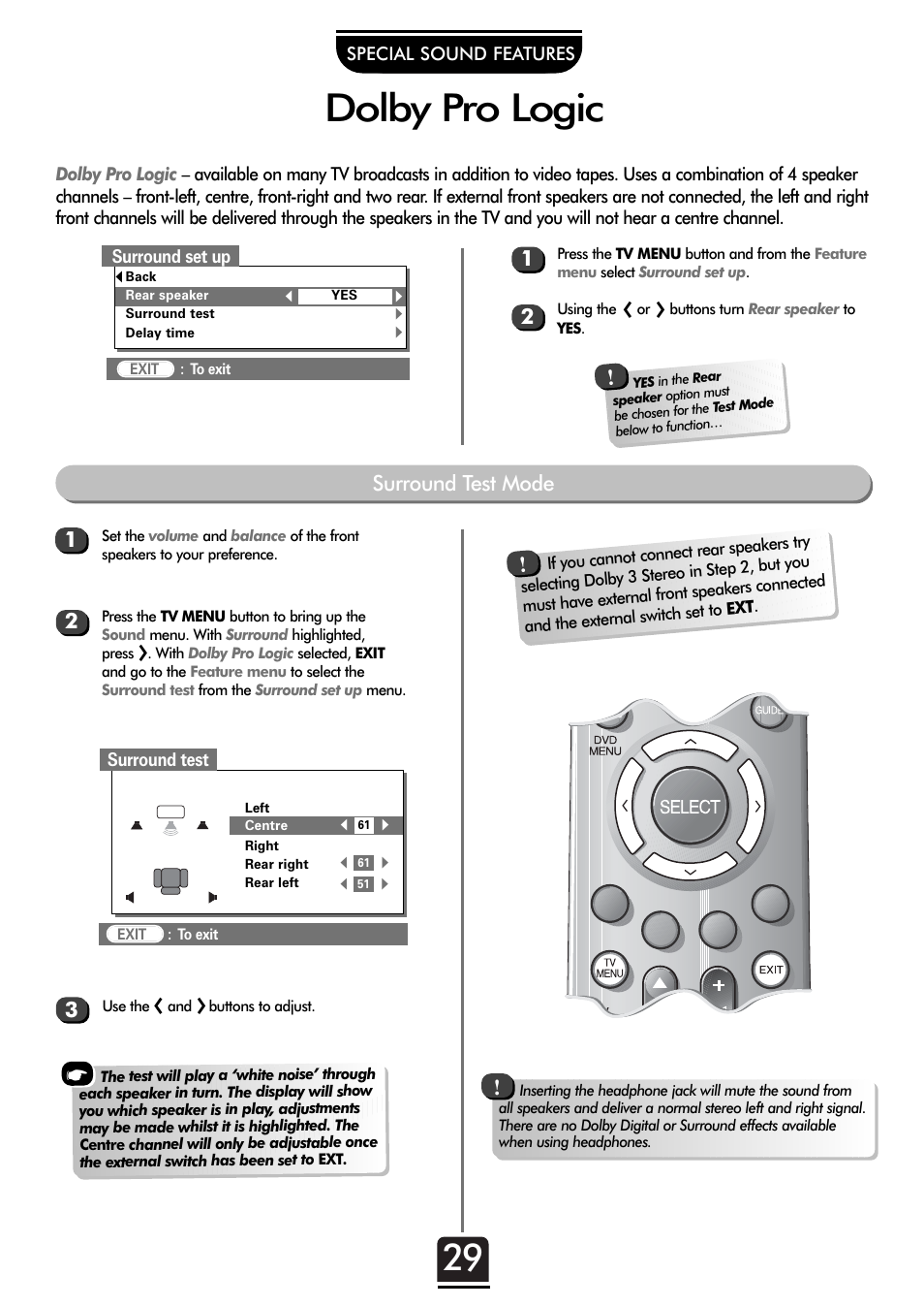 Dolby pro logic, Surround test mode | Toshiba 32ZT29B User Manual | Page 29 / 44