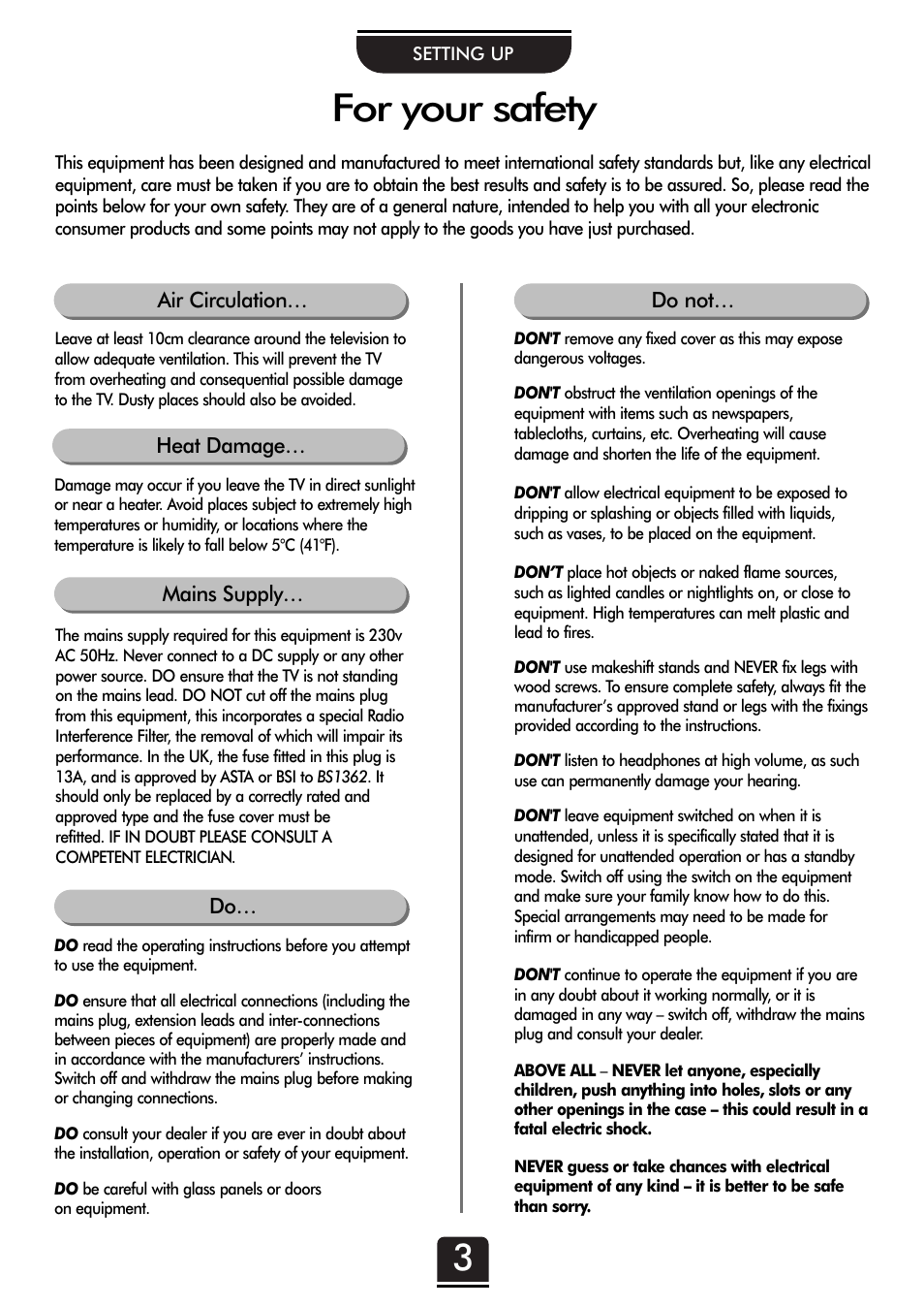 For your safety | Toshiba 32ZT29B User Manual | Page 3 / 44
