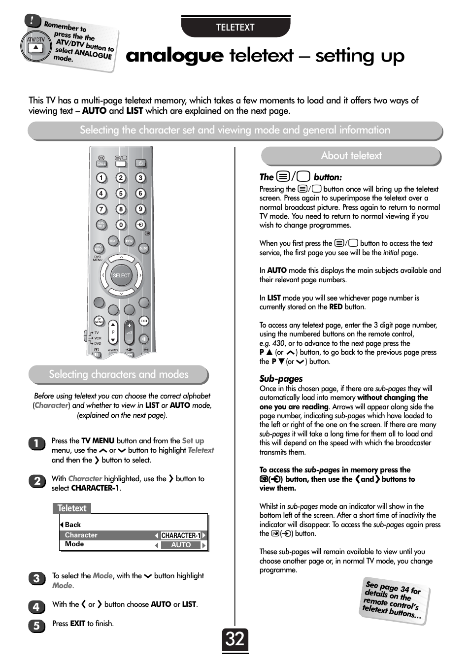 Analogue teletext – setting up | Toshiba 32ZT29B User Manual | Page 32 / 44