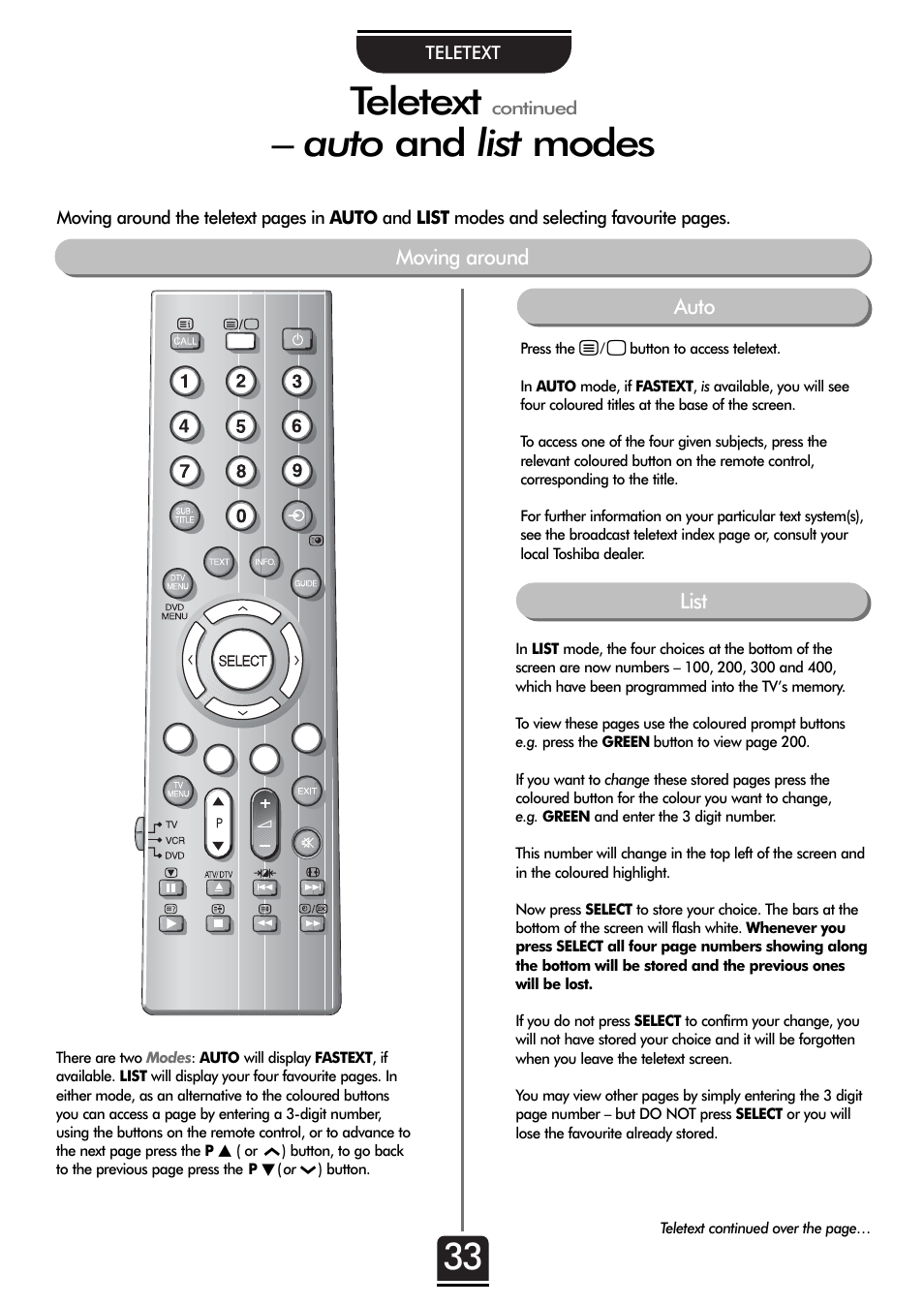 Teletext, Auto and list modes | Toshiba 32ZT29B User Manual | Page 33 / 44