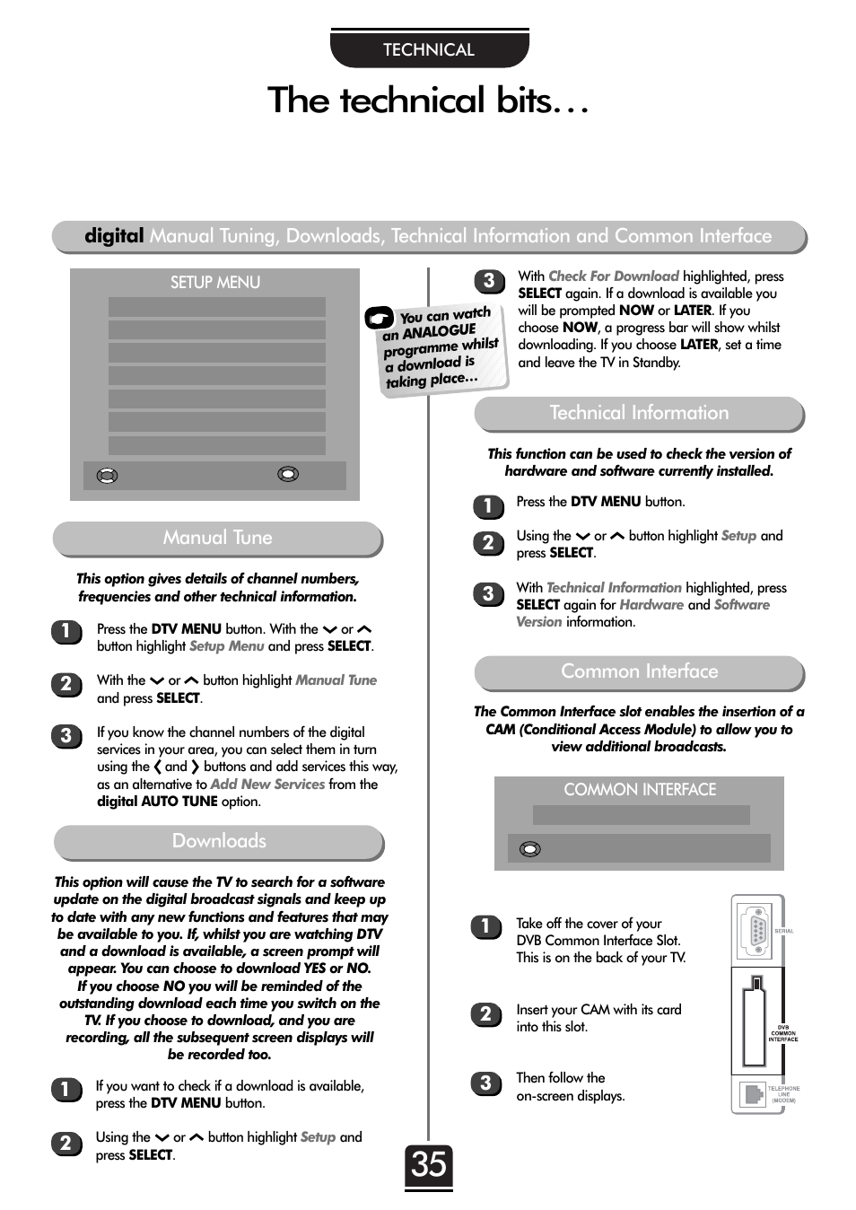 The technical bits, Downloads, Common interface | Technical information, Manual tune 1 2 3 | Toshiba 32ZT29B User Manual | Page 35 / 44