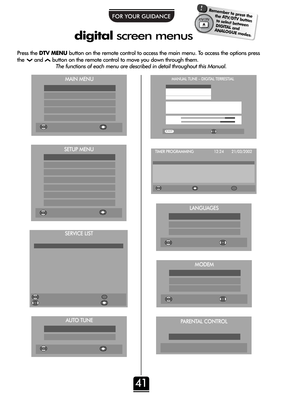 Digital screen menus, Service list, Auto tune | Main menu, Setup menu, Languages, Modem, Parental control, For your guidance | Toshiba 32ZT29B User Manual | Page 41 / 44