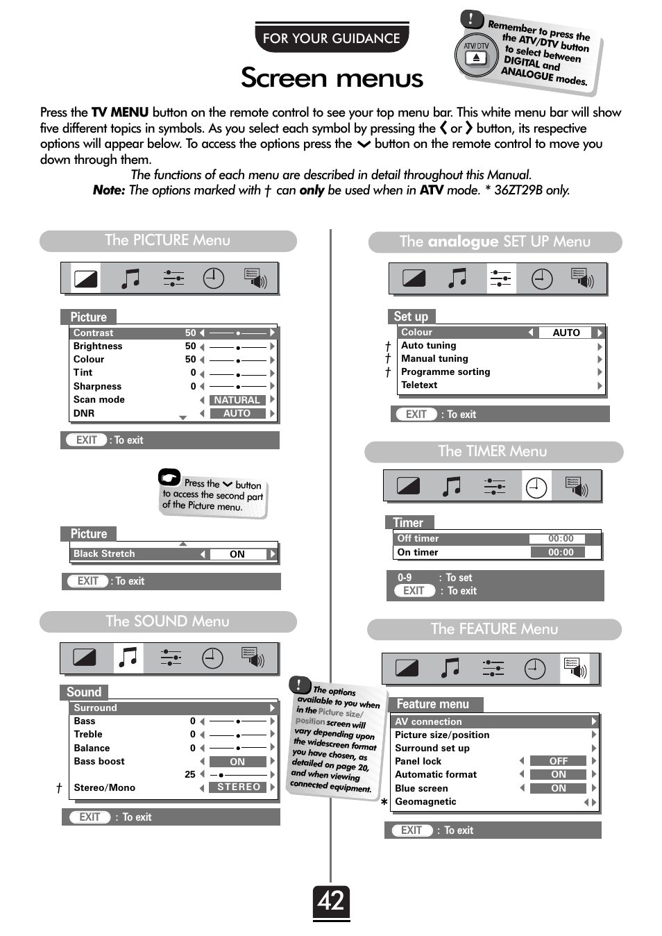 Screen menus, The timer menu, The picture menu the sound menu the feature menu | The analogue set up menu, 36zt29b only, Timer, For your guidance, Sound set up, Feature menu, Picture | Toshiba 32ZT29B User Manual | Page 42 / 44