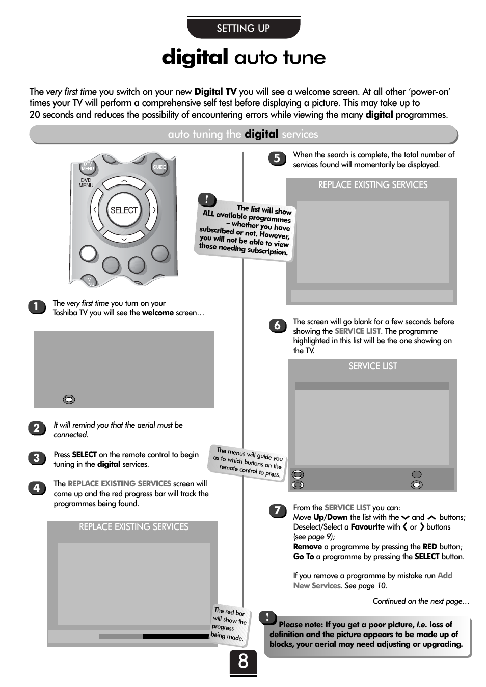 Welcome, Digital auto tune, Auto tuning the digital services | Replace existing services, Service list | Toshiba 32ZT29B User Manual | Page 8 / 44