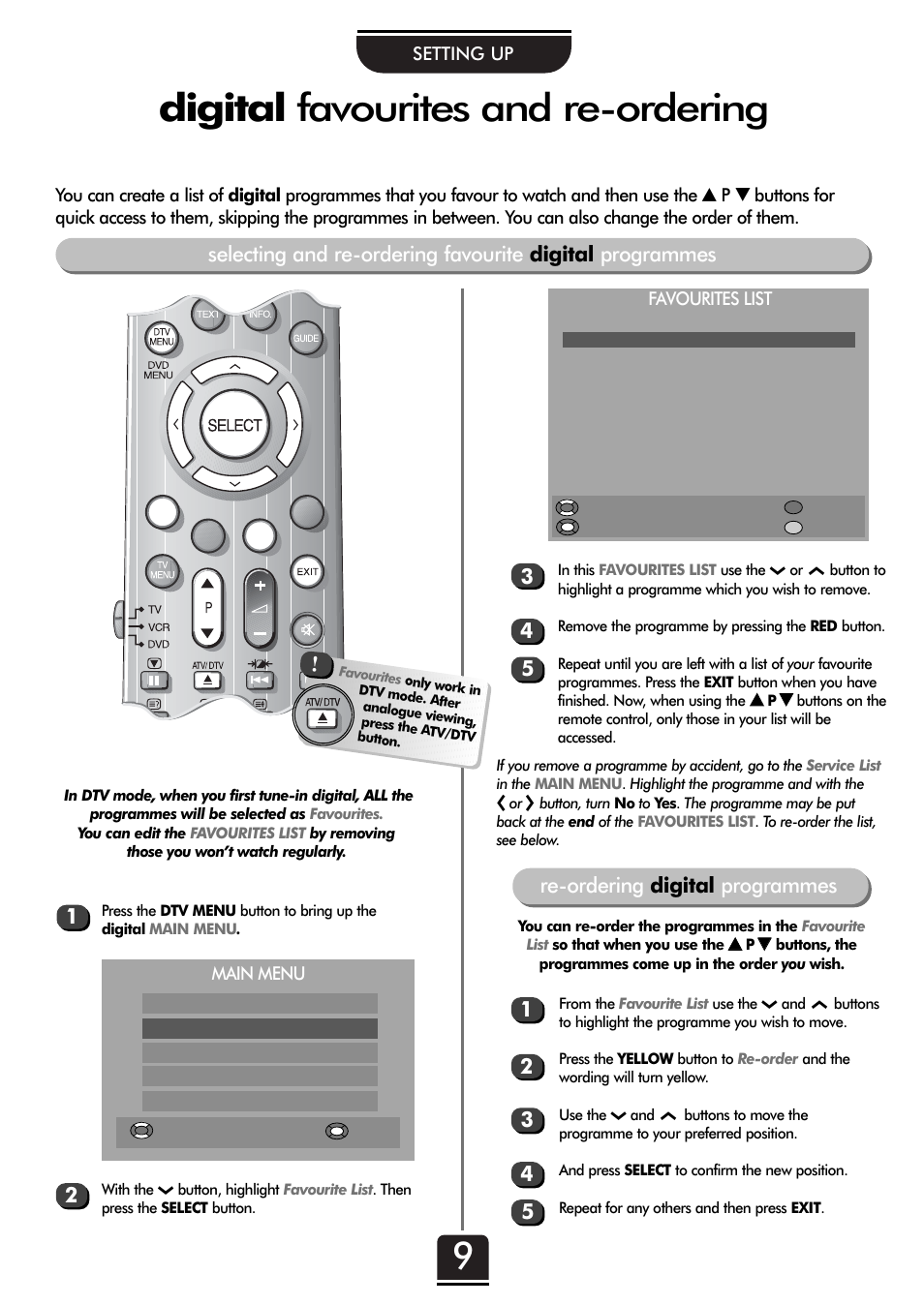 Digital favourites and re-ordering, Re-ordering digital programmes | Toshiba 32ZT29B User Manual | Page 9 / 44