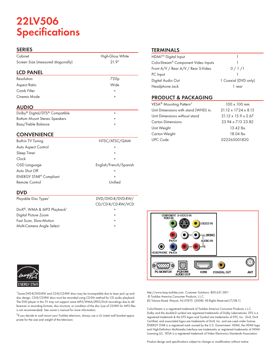 Series, Lcd panel, Audio | Convenience, Terminals, Product & packaging | Toshiba 22LV506 User Manual | Page 2 / 2