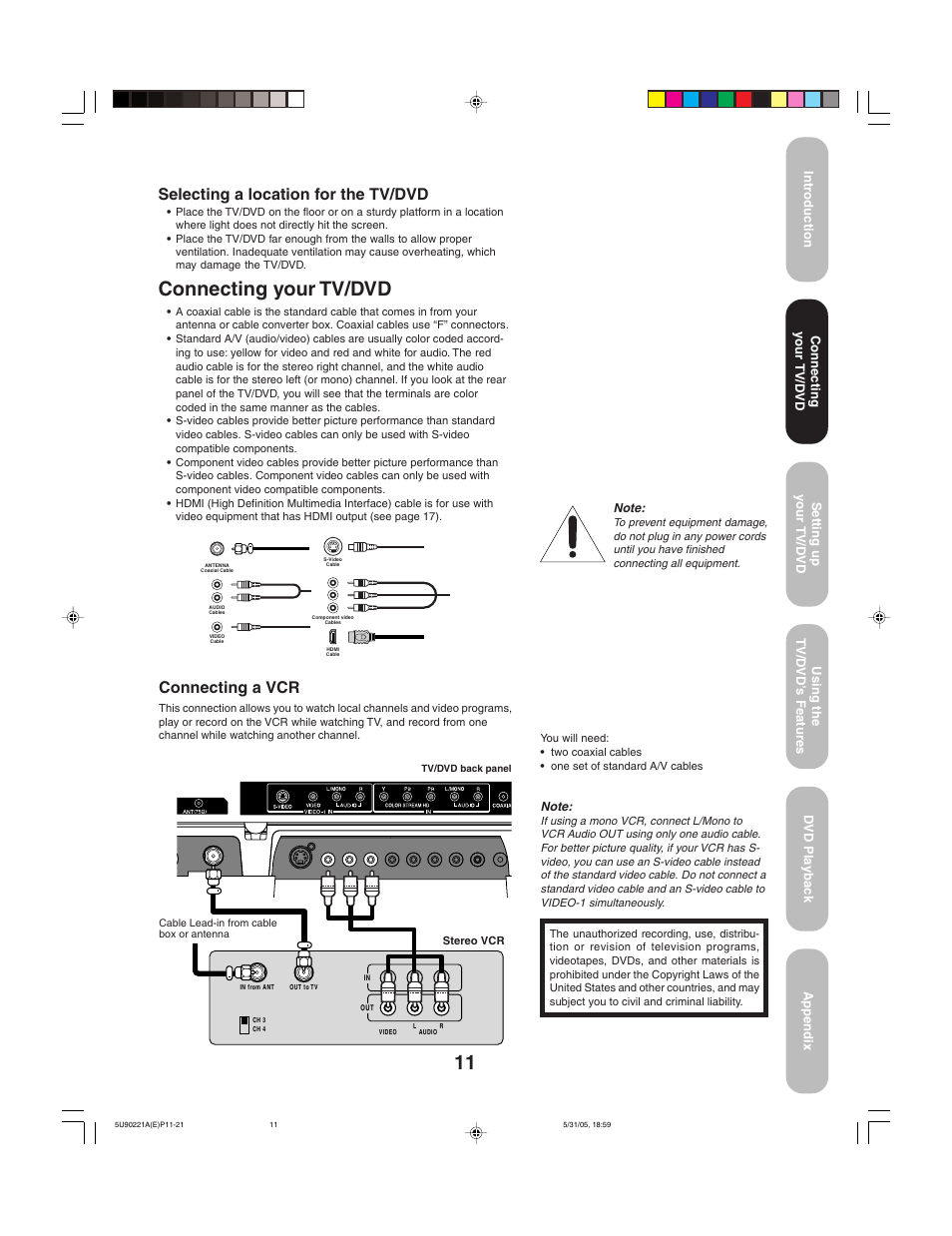 Connecting your tv/dvd, Connecting a vcr, Selecting a location for the tv/dvd | Toshiba 20HLV15 User Manual | Page 11 / 64