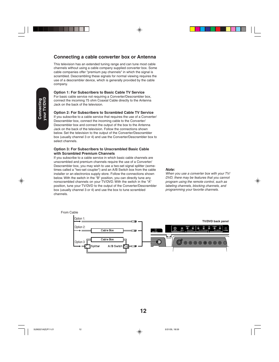 Connecting a cable converter box or antenna | Toshiba 20HLV15 User Manual | Page 12 / 64