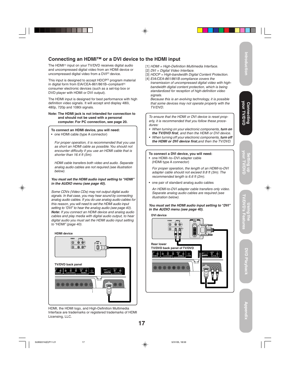 Connecting your tv/dvd | Toshiba 20HLV15 User Manual | Page 17 / 64