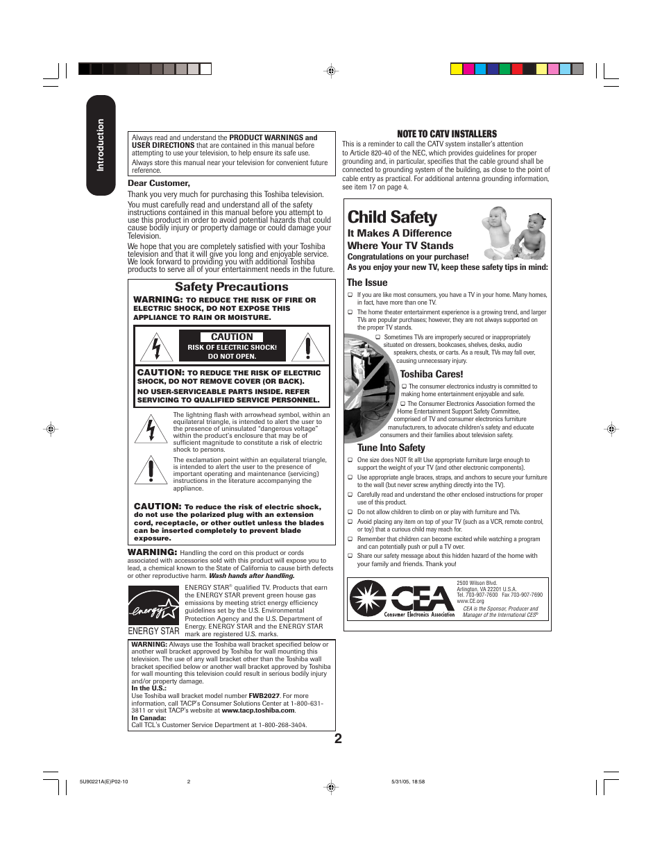 Child safety, Safety precautions, It makes a difference where your tv stands | The issue, Toshiba cares, Tune into safety | Toshiba 20HLV15 User Manual | Page 2 / 64