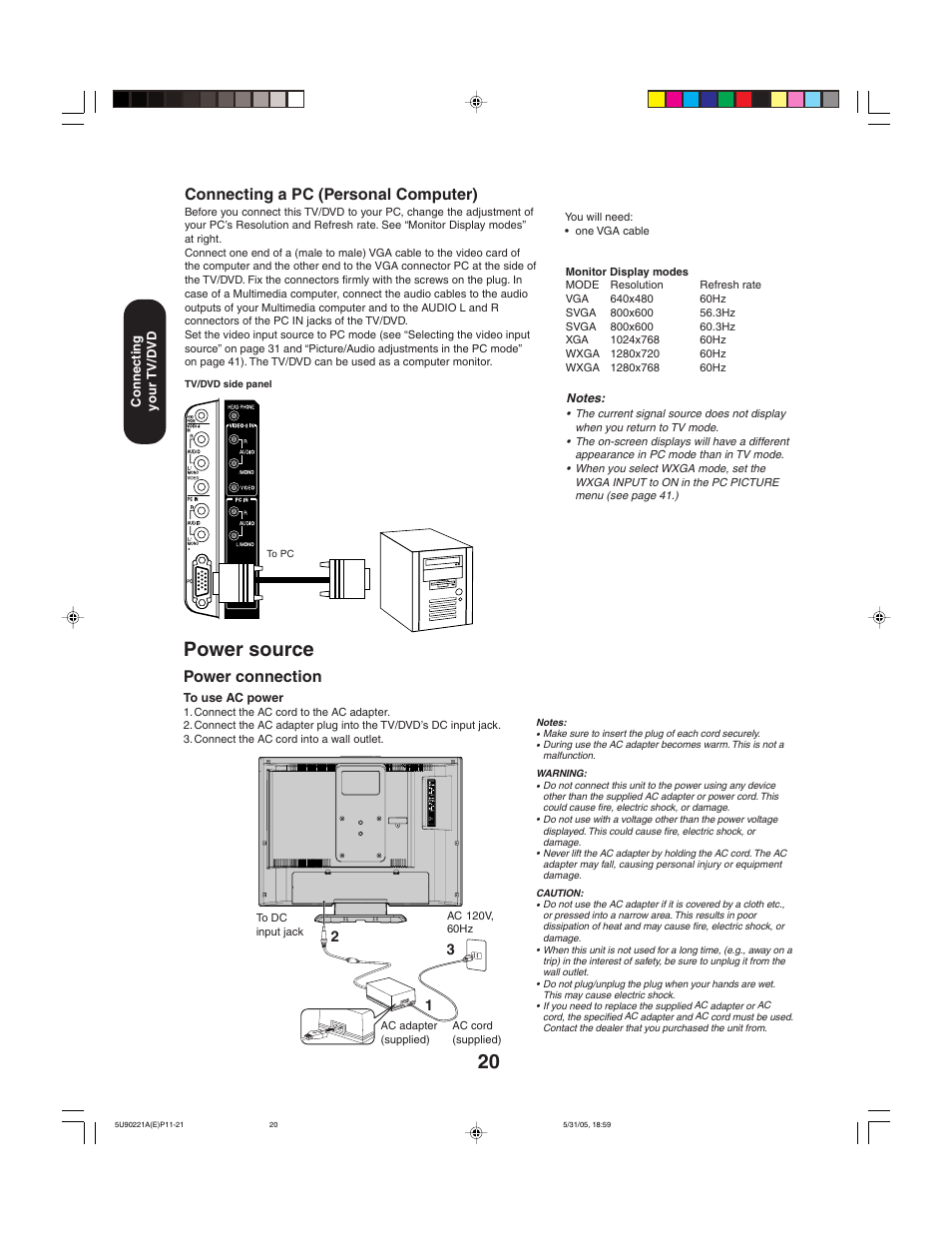 Power source, Connecting a pc (personal computer), Power connection | Toshiba 20HLV15 User Manual | Page 20 / 64
