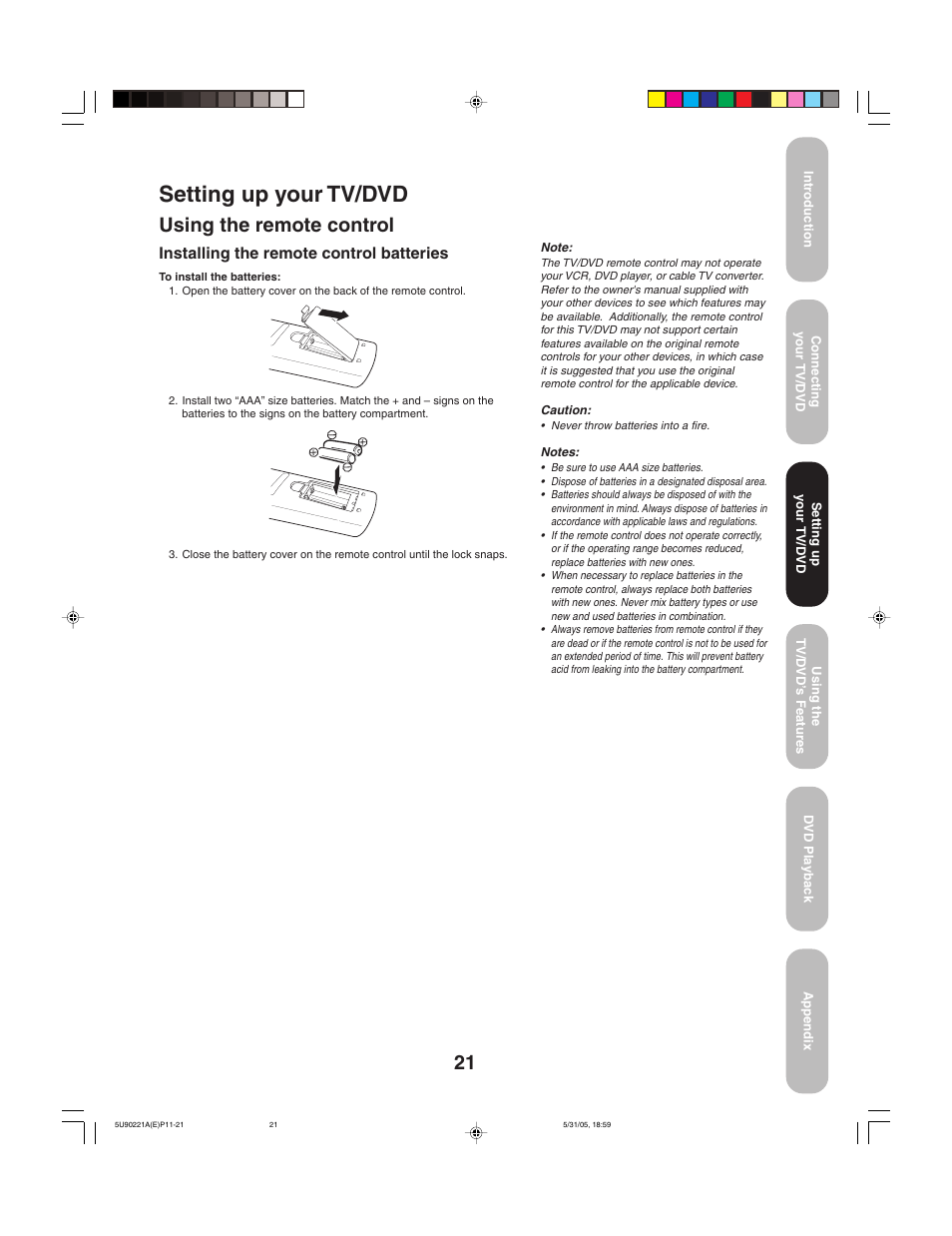 Setting up your tv/dvd, Using the remote control, Installing the remote control batteries | Toshiba 20HLV15 User Manual | Page 21 / 64