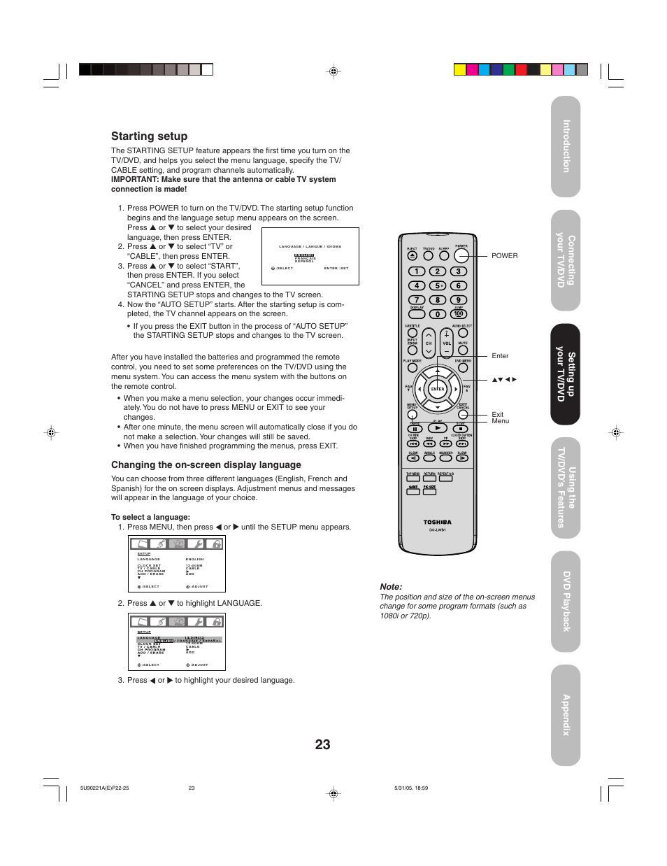 Starting setup | Toshiba 20HLV15 User Manual | Page 23 / 64