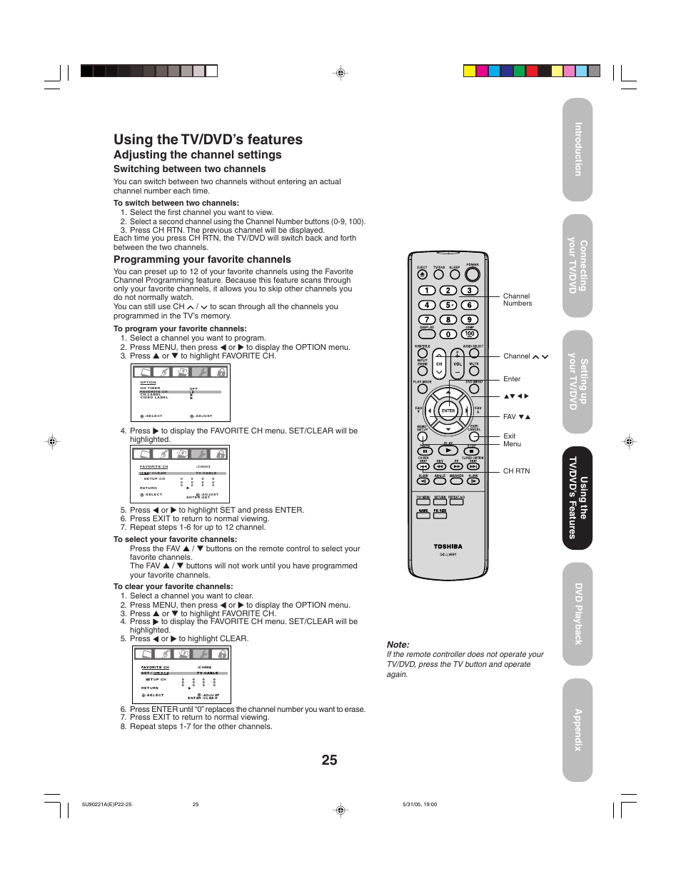 Using the tv/dvd’s features, Adjusting the channel settings, Programming your favorite channels | Switching between two channels, Using the tv/d vd’ s features | Toshiba 20HLV15 User Manual | Page 25 / 64