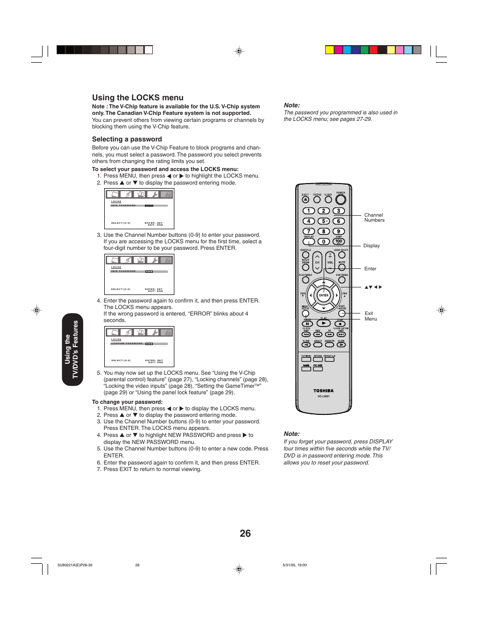 Using the locks menu, Selecting a password, Using the tv/d vd’ s features | Toshiba 20HLV15 User Manual | Page 26 / 64