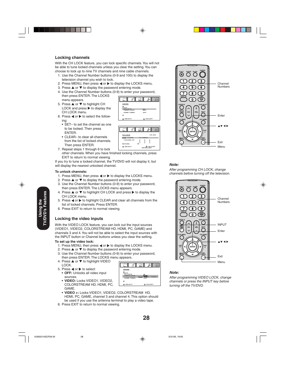 Locking the video inputs, Locking channels, Using the tv/d vd’ s features | Toshiba 20HLV15 User Manual | Page 28 / 64