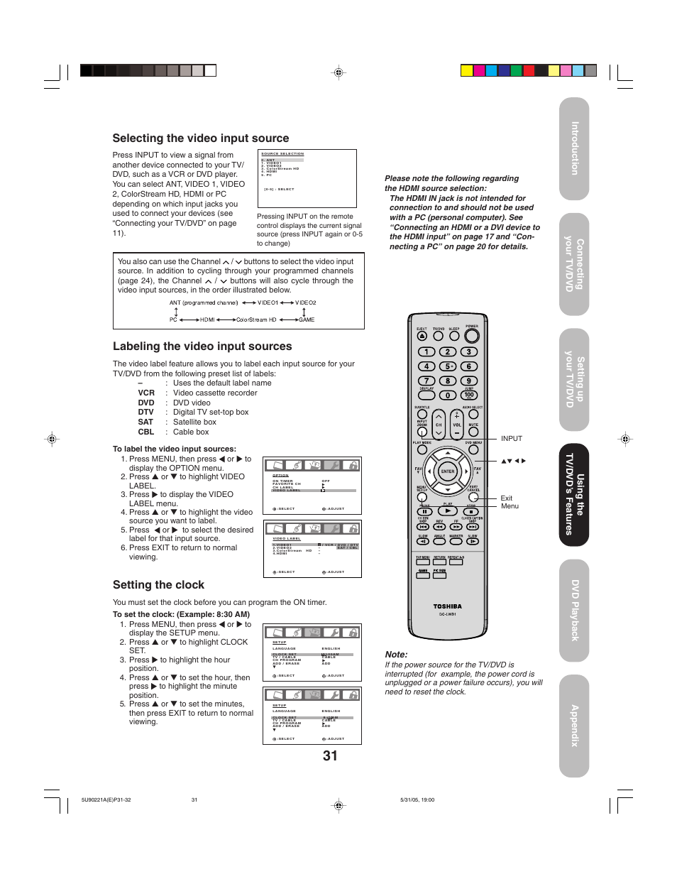 Setting the clock, Selecting the video input source, Labeling the video input sources | Using the tv/d vd’ s features | Toshiba 20HLV15 User Manual | Page 31 / 64