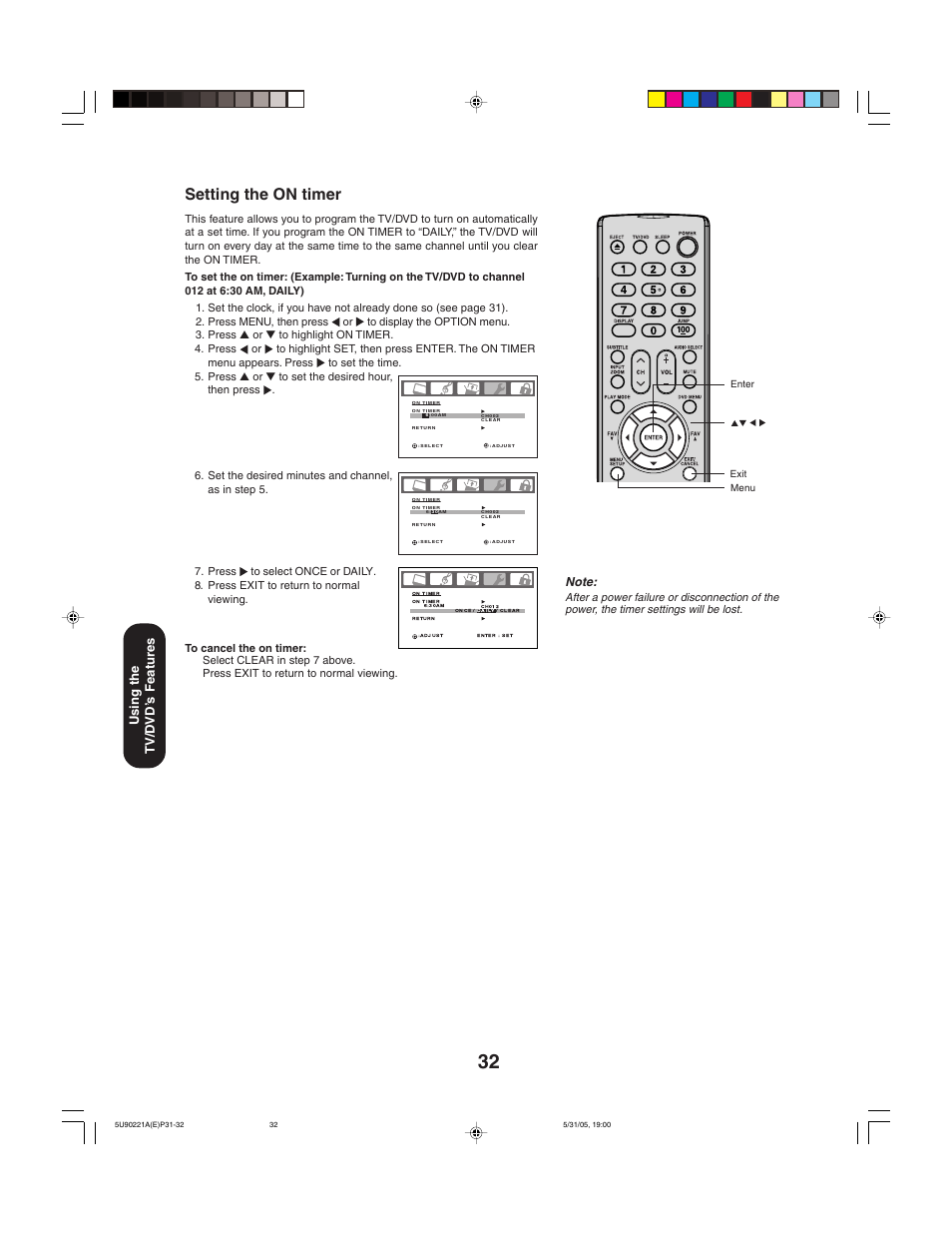 Setting the on timer, Using the tv/d vd’ s features | Toshiba 20HLV15 User Manual | Page 32 / 64