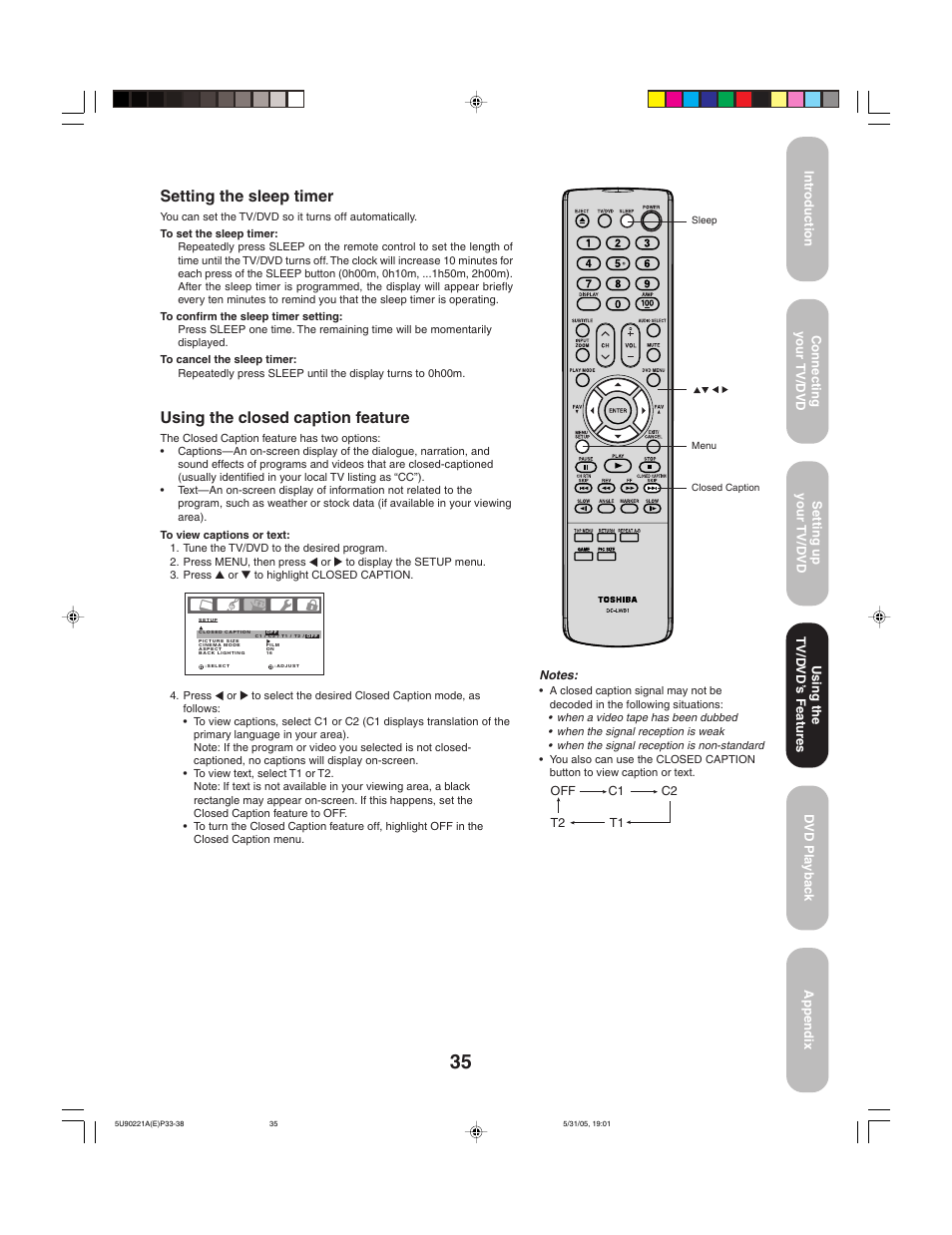 Setting the sleep timer, Using the closed caption feature | Toshiba 20HLV15 User Manual | Page 35 / 64