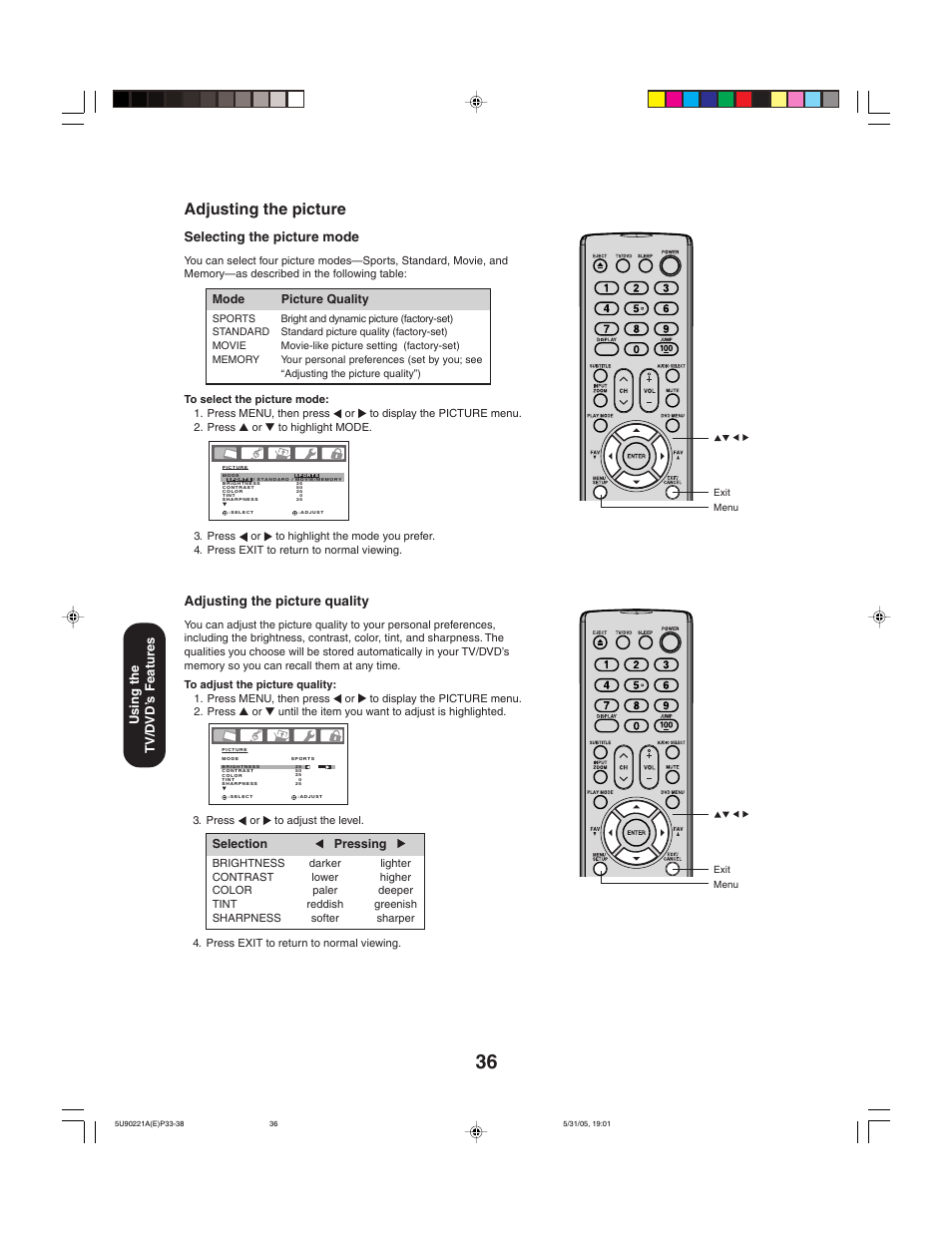 Adjusting the picture, Adjusting the picture quality, Selecting the picture mode | Using the tv/d vd’ s features | Toshiba 20HLV15 User Manual | Page 36 / 64
