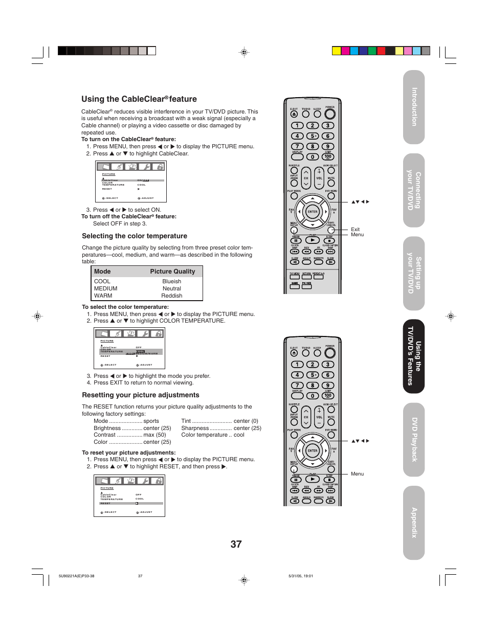 Using the cableclear, Feature, Resetting your picture adjustments | Using the tv/d vd’ s features | Toshiba 20HLV15 User Manual | Page 37 / 64