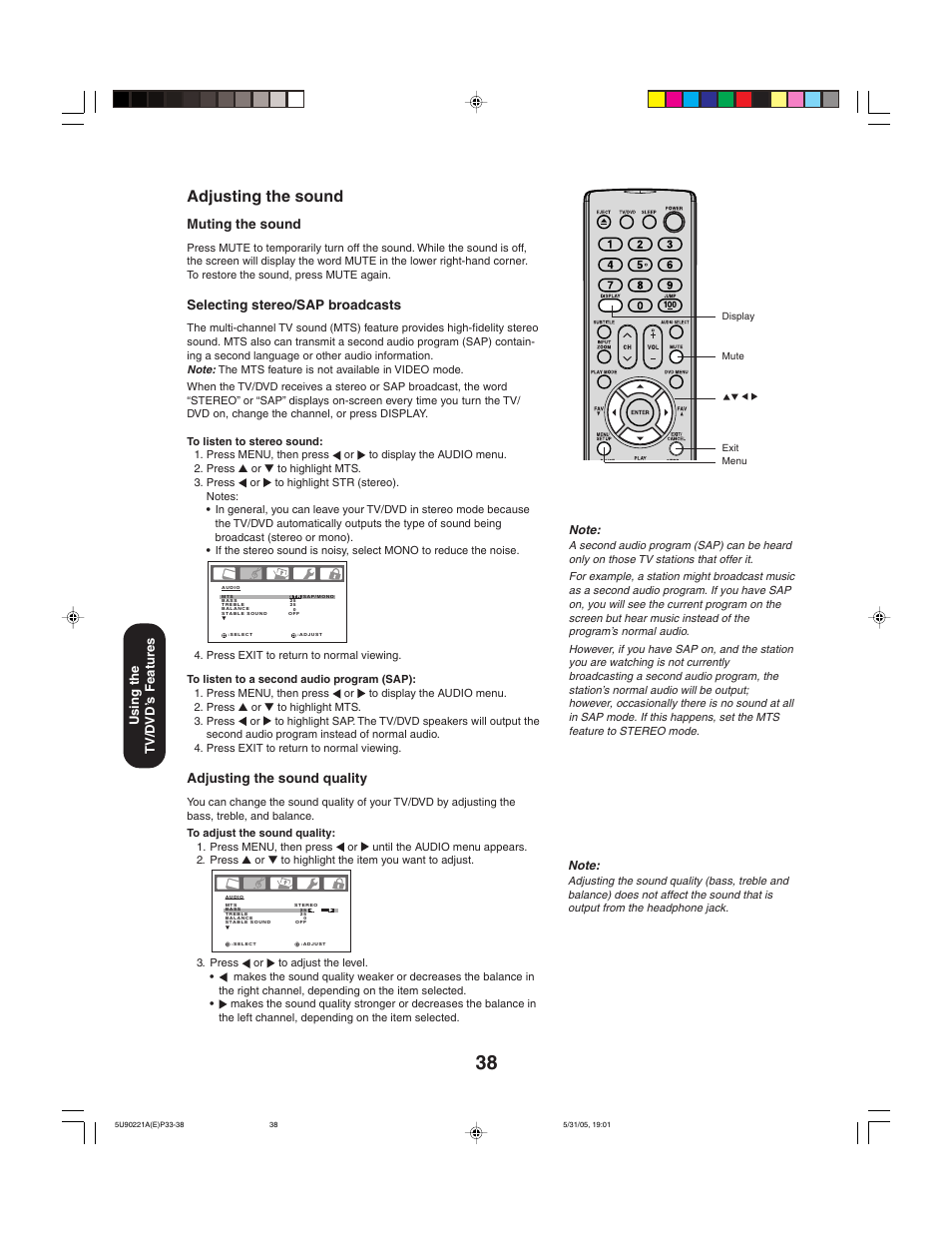 Adjusting the sound, Adjusting the sound quality, Muting the sound | Selecting stereo/sap broadcasts, Using the tv/d vd’ s features | Toshiba 20HLV15 User Manual | Page 38 / 64