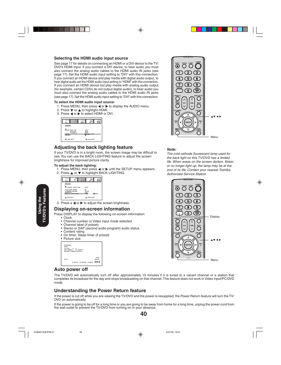 Auto power off, Understanding the power return feature, Adjusting the back lighting feature | Displaying on-screen information, Selecting the hdmi audio input source, Using the tv/d vd’ s features | Toshiba 20HLV15 User Manual | Page 40 / 64