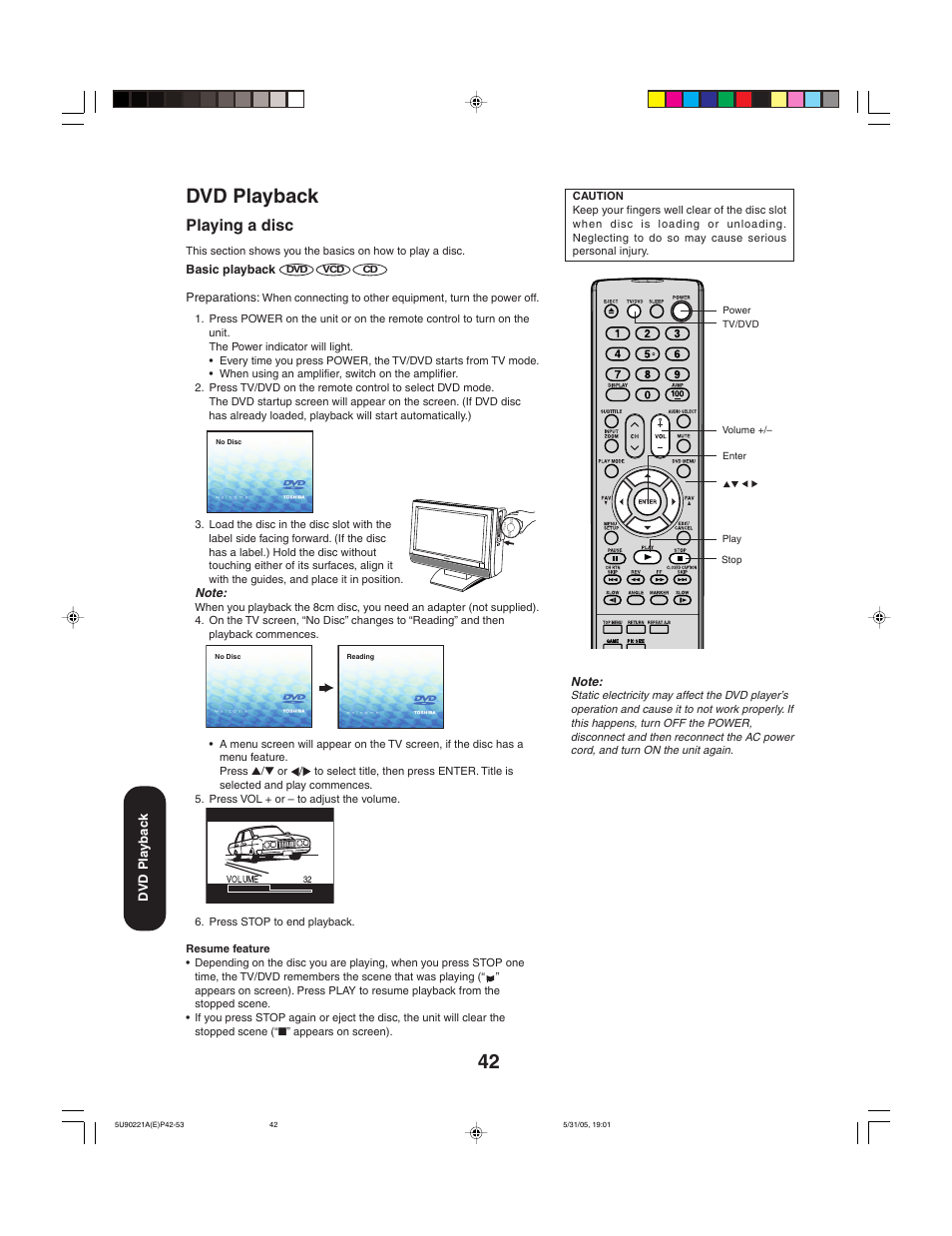 Dvd playback, Playing a disc | Toshiba 20HLV15 User Manual | Page 42 / 64