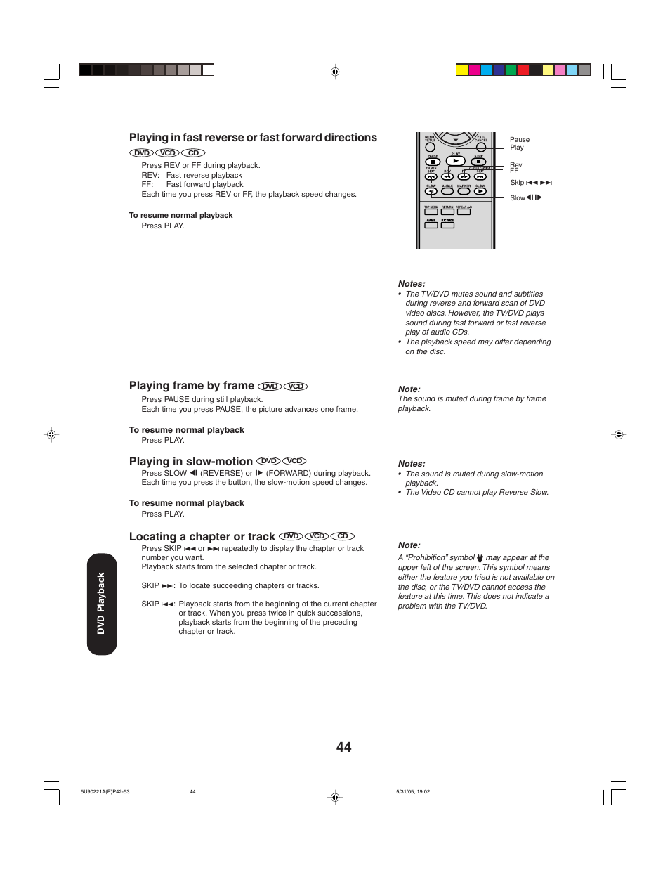 Playing in fast reverse or fast forward directions, Playing frame by frame, Playing in slow-motion | Locating a chapter or track | Toshiba 20HLV15 User Manual | Page 44 / 64