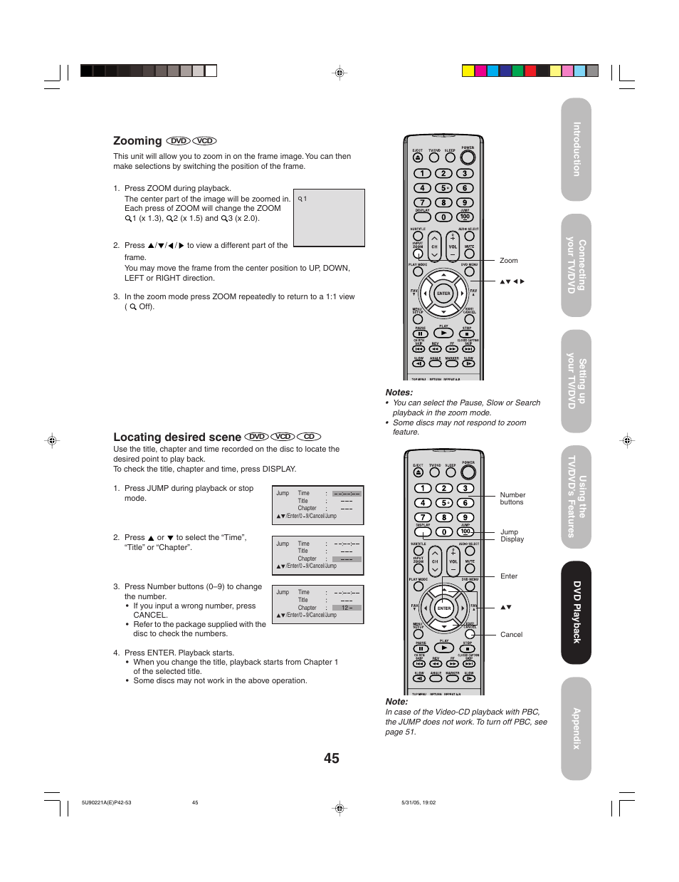 Zooming, Locating desired scene | Toshiba 20HLV15 User Manual | Page 45 / 64