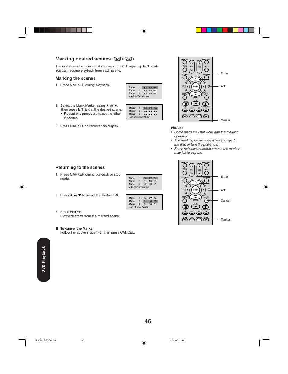 Marking desired scenes, Marking the scenes, Returning to the scenes | Dvd playback | Toshiba 20HLV15 User Manual | Page 46 / 64