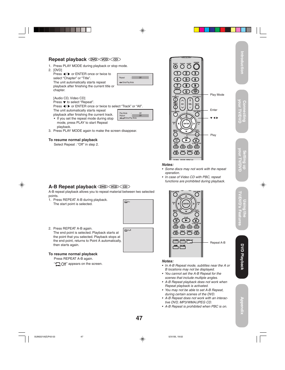Repeat playback, A-b repeat playback | Toshiba 20HLV15 User Manual | Page 47 / 64