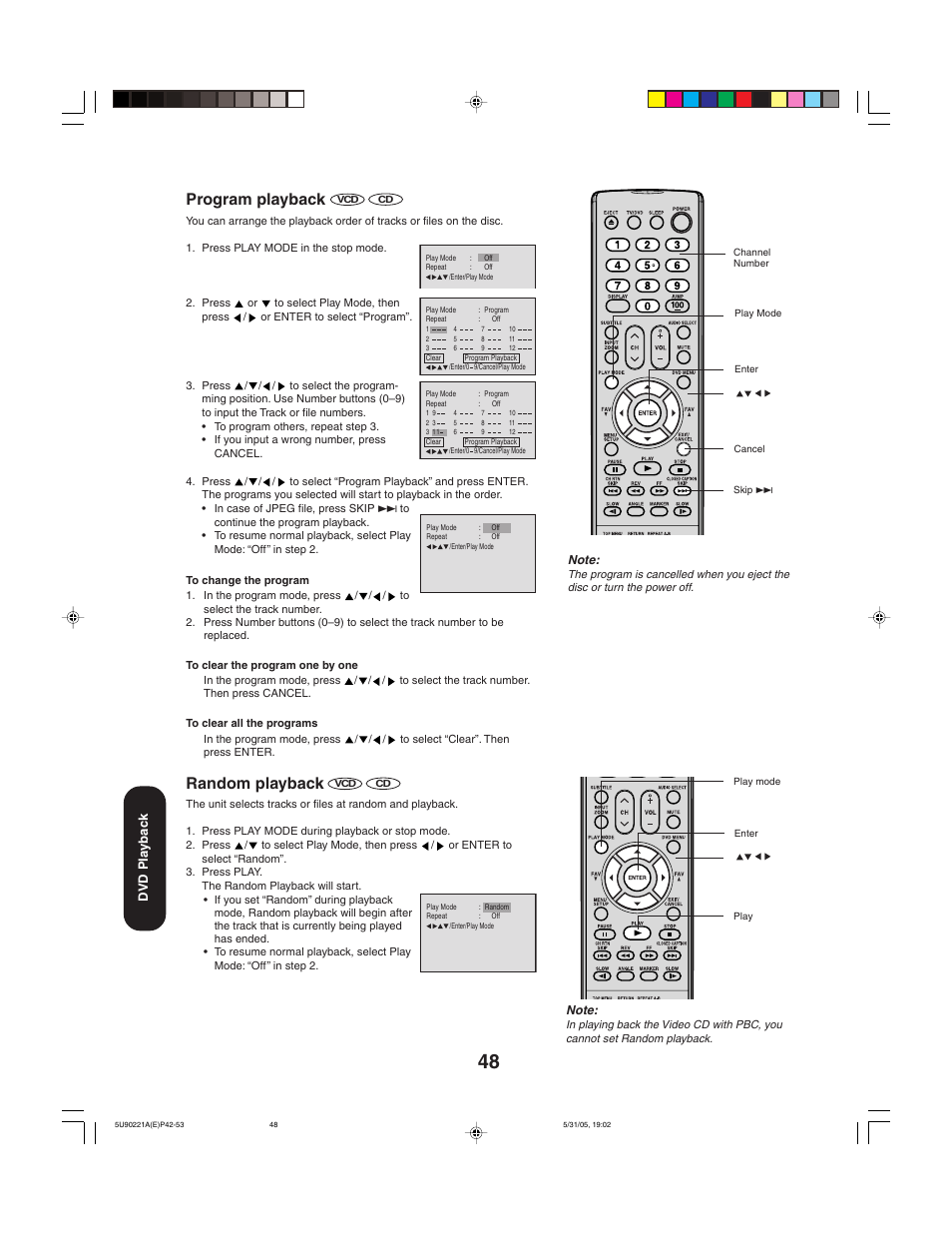 Program playback, Random playback | Toshiba 20HLV15 User Manual | Page 48 / 64