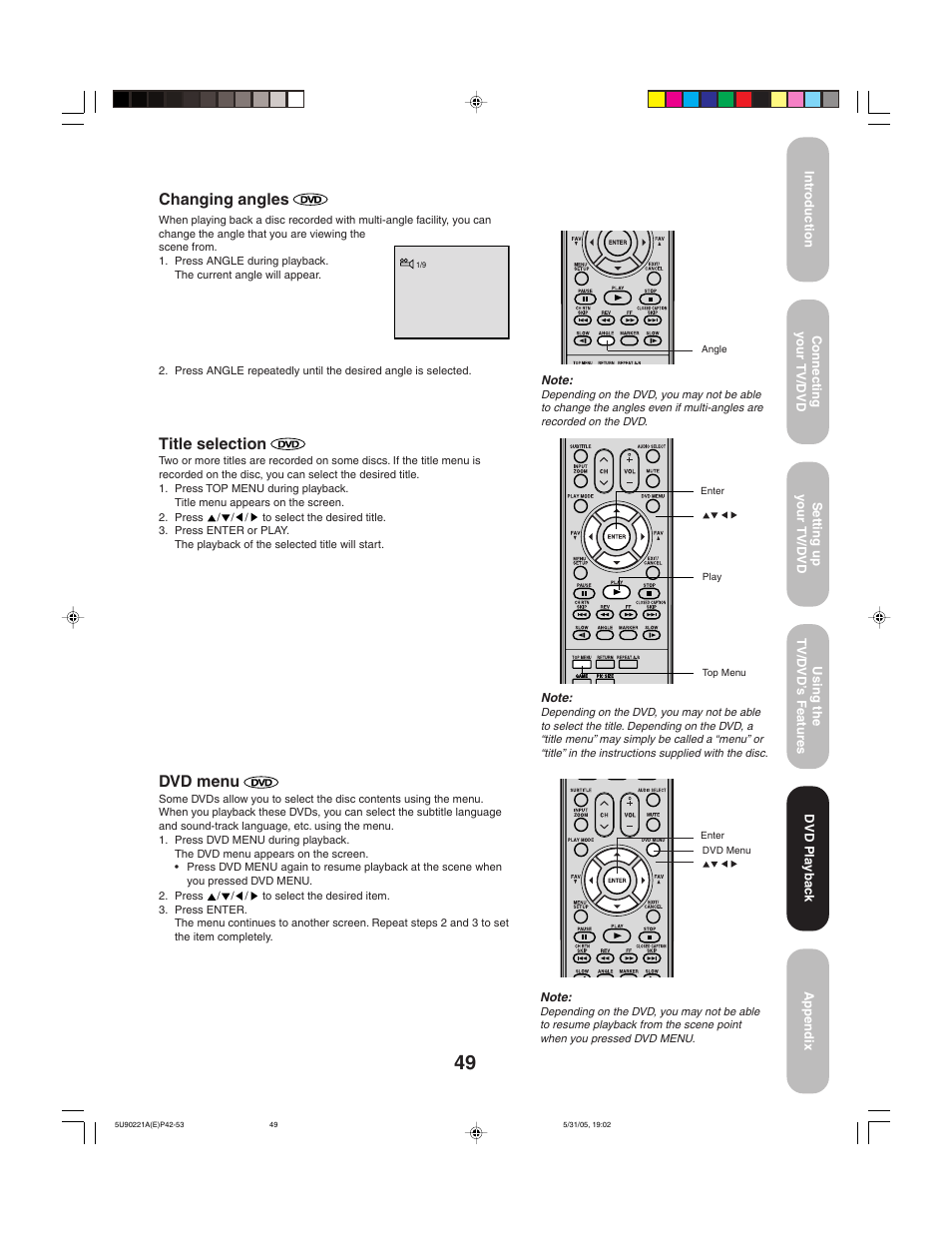 Changing angles, Title selection, Dvd menu | Toshiba 20HLV15 User Manual | Page 49 / 64