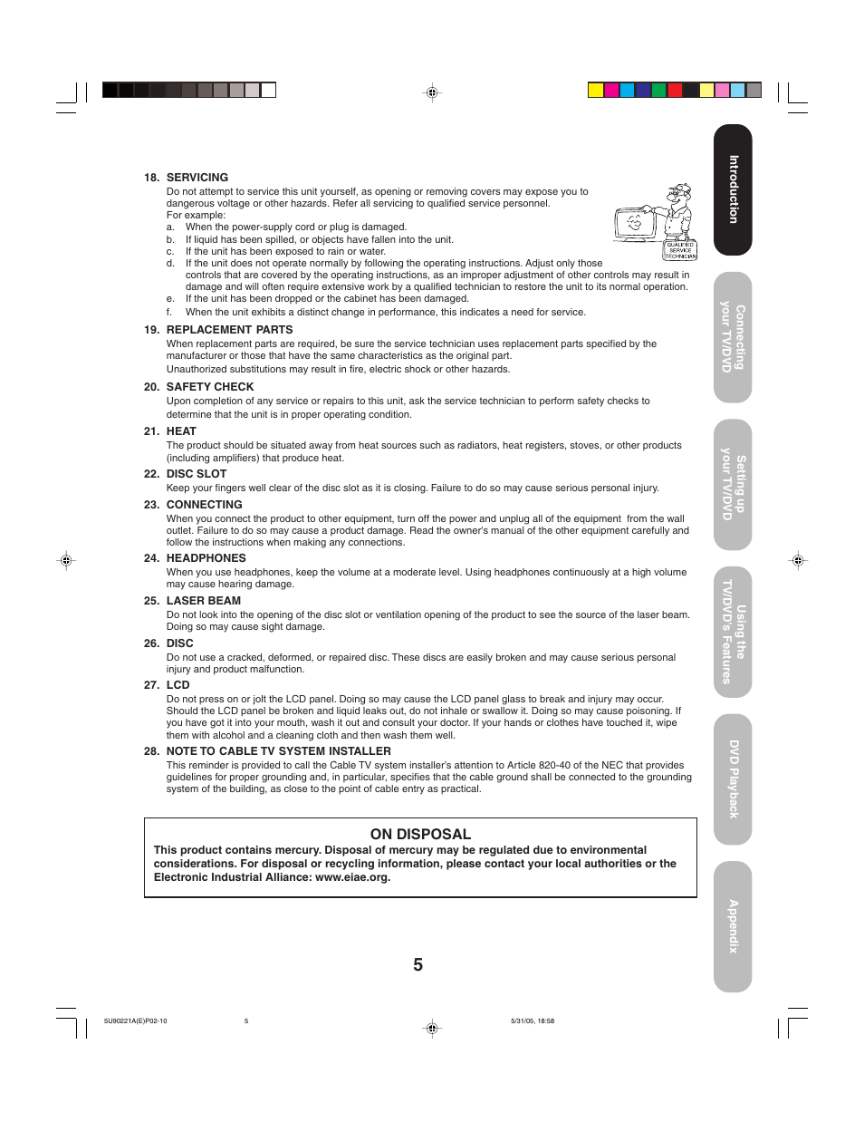 On disposal | Toshiba 20HLV15 User Manual | Page 5 / 64