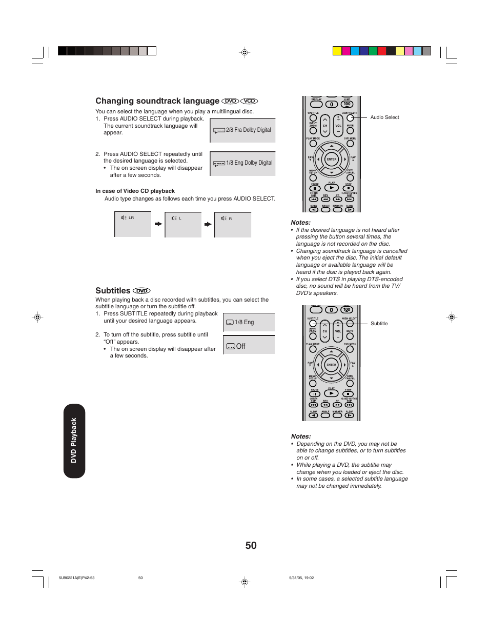 Changing soundtrack language, Subtitles | Toshiba 20HLV15 User Manual | Page 50 / 64