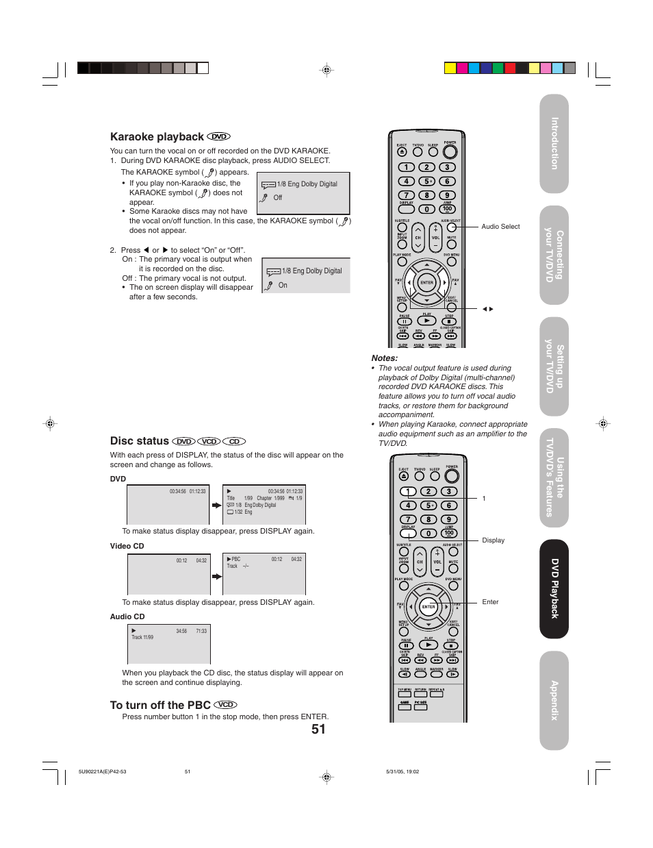 Karaoke playback, Disc status | Toshiba 20HLV15 User Manual | Page 51 / 64