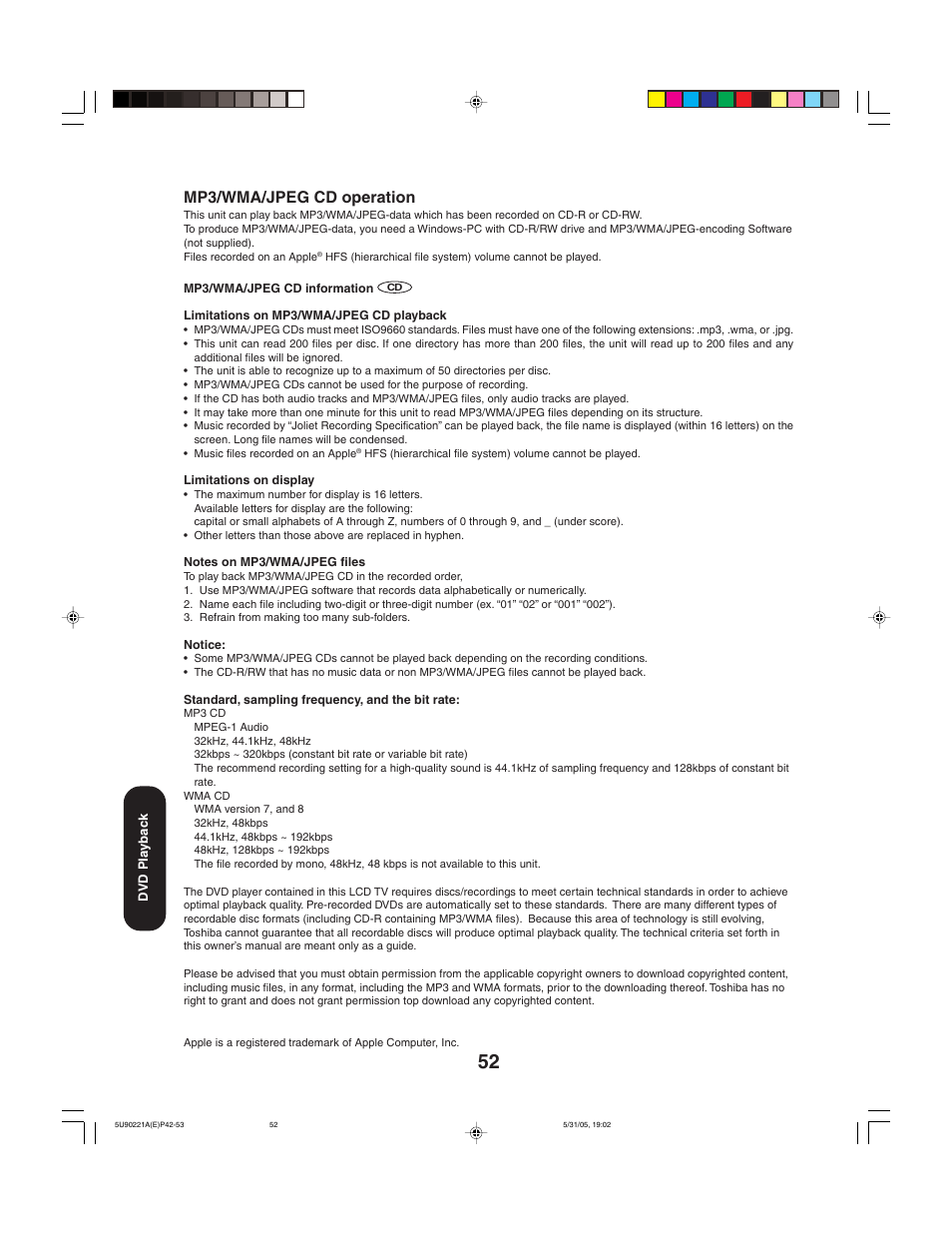 Mp3/wma/jpeg cd operation | Toshiba 20HLV15 User Manual | Page 52 / 64