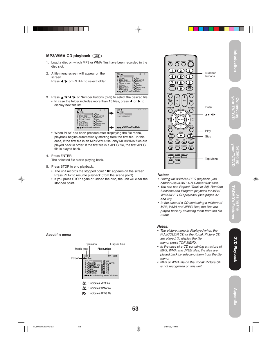 Dvd playback mp3/wma cd playback | Toshiba 20HLV15 User Manual | Page 53 / 64