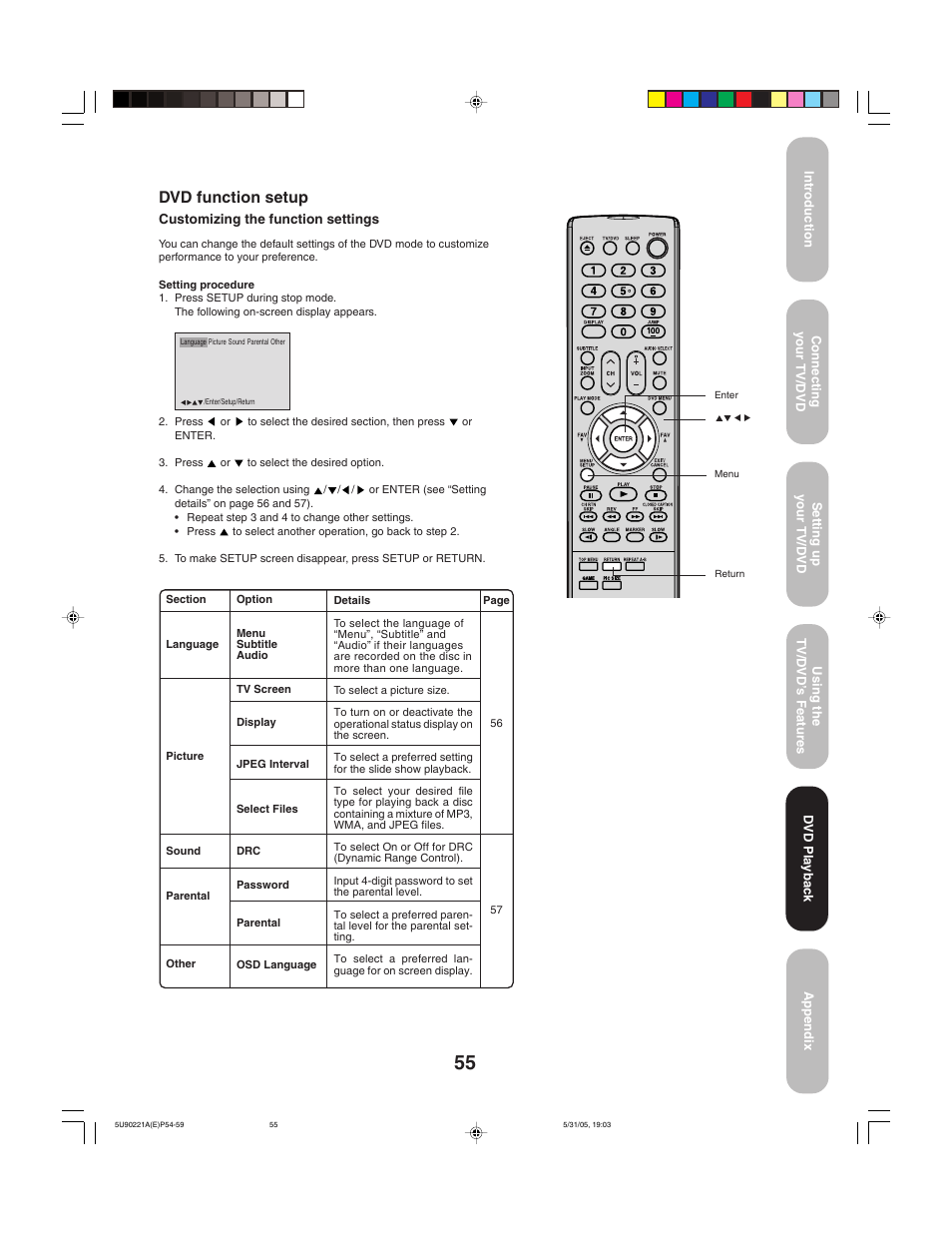 Dvd function setup | Toshiba 20HLV15 User Manual | Page 55 / 64