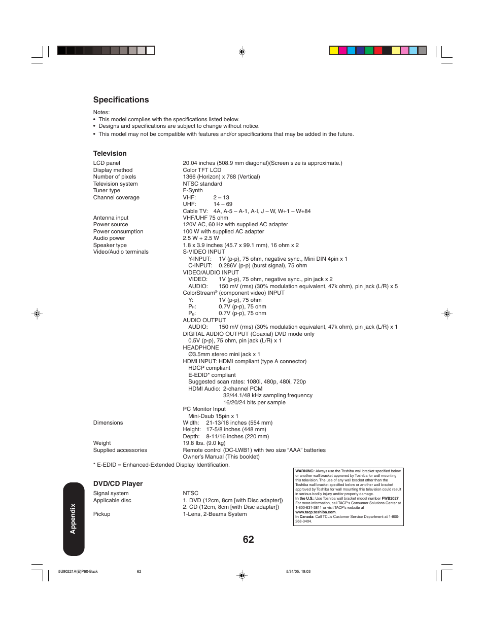 Specifications | Toshiba 20HLV15 User Manual | Page 62 / 64
