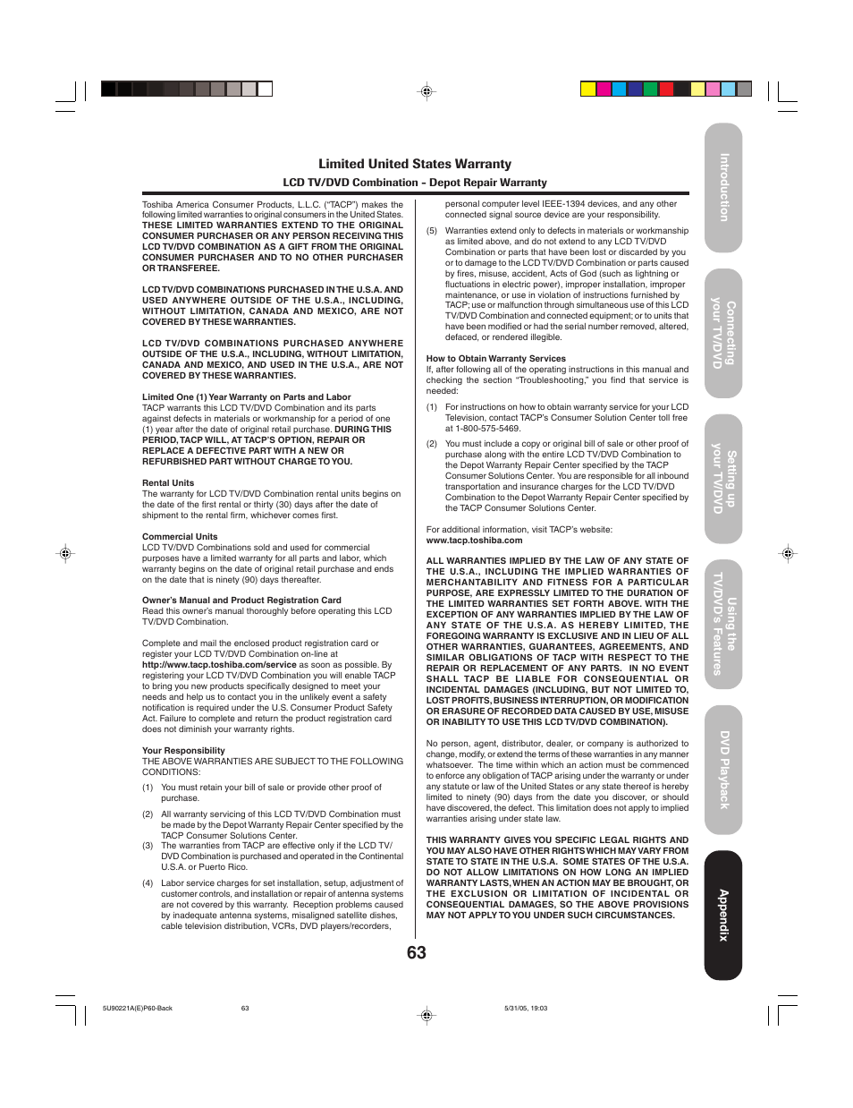 Limited united states warranty | Toshiba 20HLV15 User Manual | Page 63 / 64