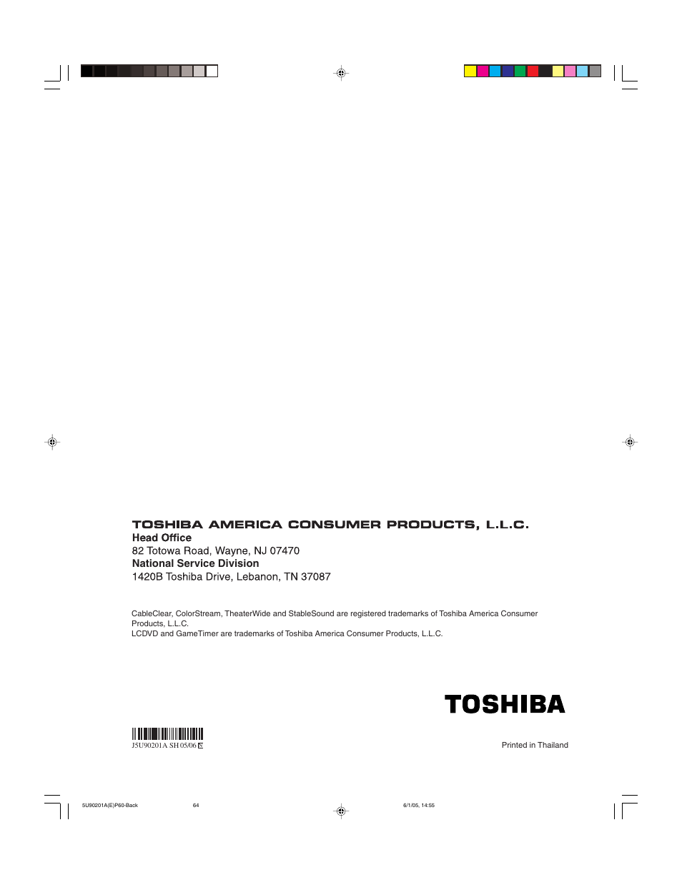 National service division | Toshiba 20HLV15 User Manual | Page 64 / 64