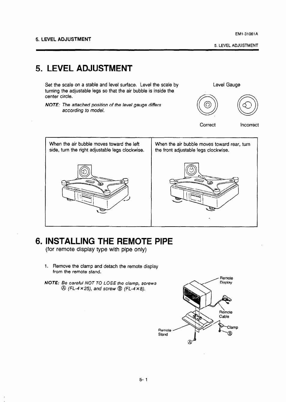 Level adjustment, Installing the remote pipe, For remote display type with pipe only) | Level adjustment -1, Installing the remote pipe -1 | Toshiba TEC EM-31061A User Manual | Page 10 / 14