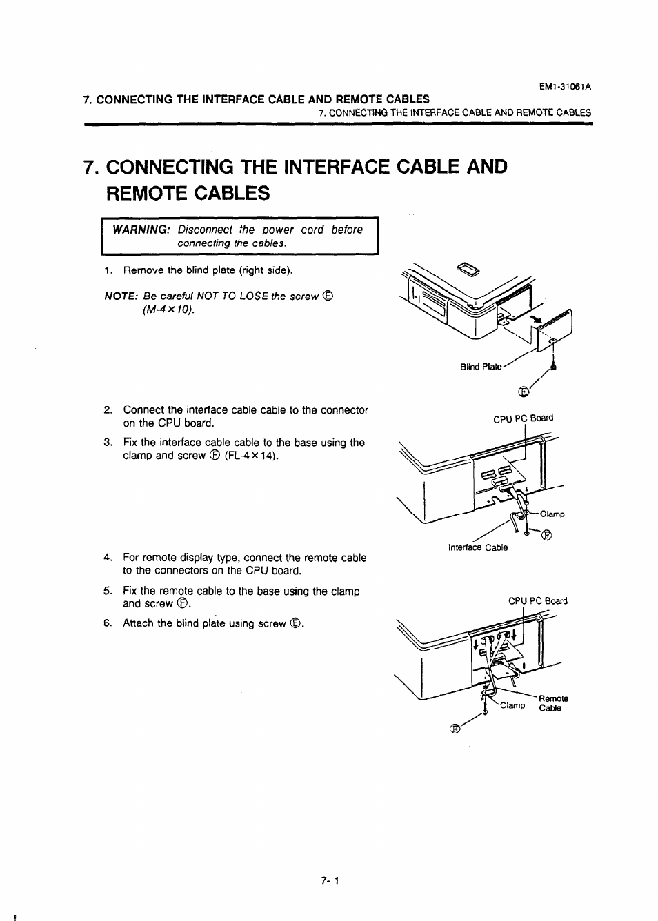 Connecting the interface cable and remote cables | Toshiba TEC EM-31061A User Manual | Page 12 / 14