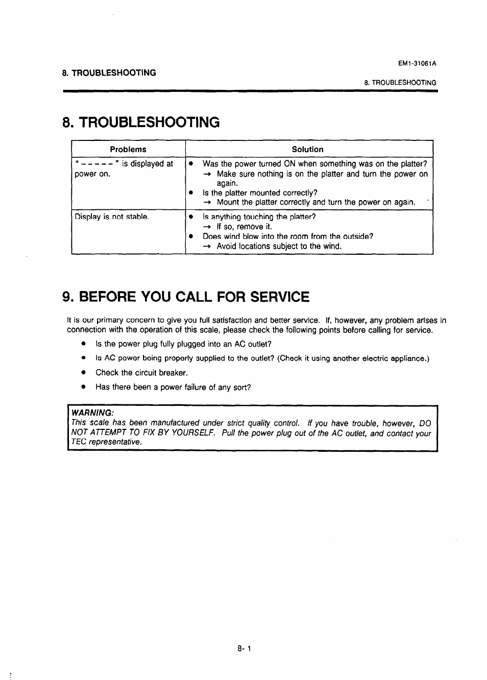 Troubleshooting, Before you call for service, Warning | Troubleshooting -1, Before you call for service -1 | Toshiba TEC EM-31061A User Manual | Page 13 / 14