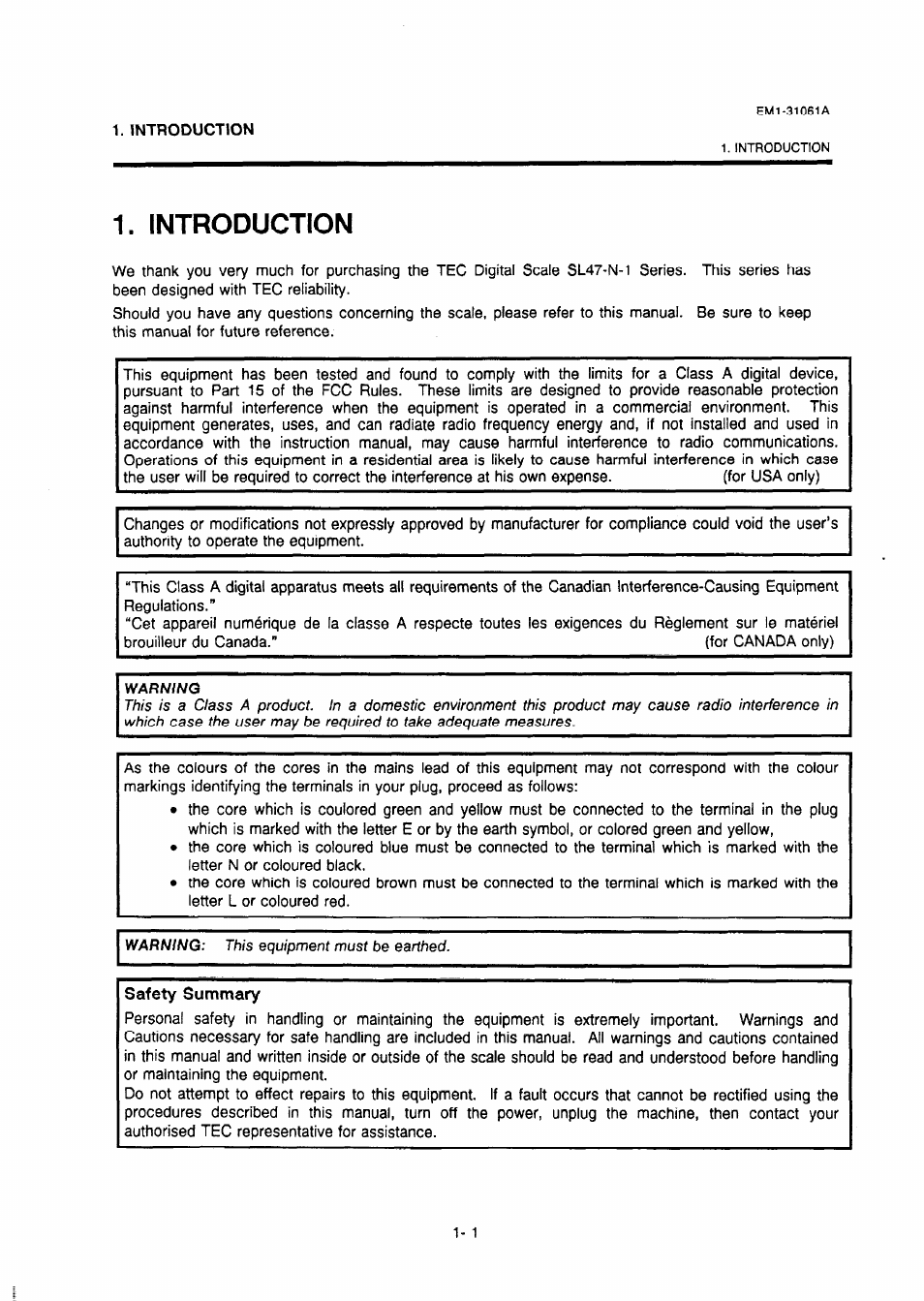 Introduction, Safety summary, Introduction -1 | Toshiba TEC EM-31061A User Manual | Page 3 / 14