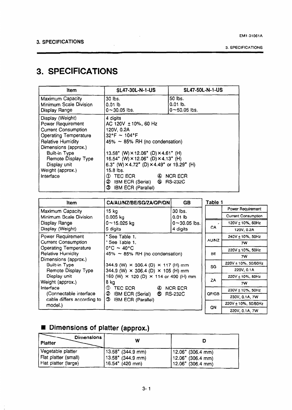 Specifications, Dimensions of platter (approx.), Specifications -1 | Toshiba TEC EM-31061A User Manual | Page 8 / 14