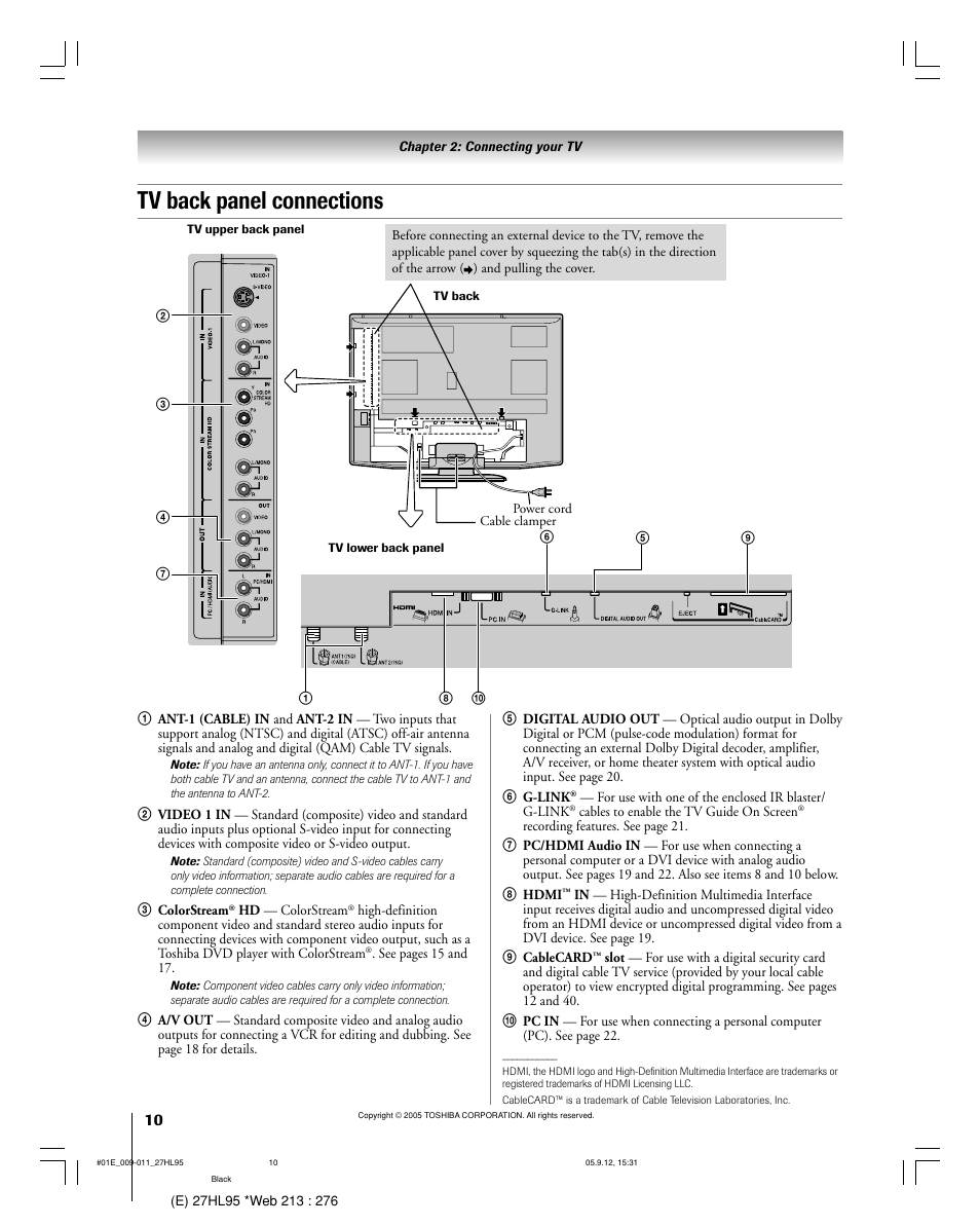 Tv back panel connections | Toshiba 27HL95 User Manual | Page 10 / 92